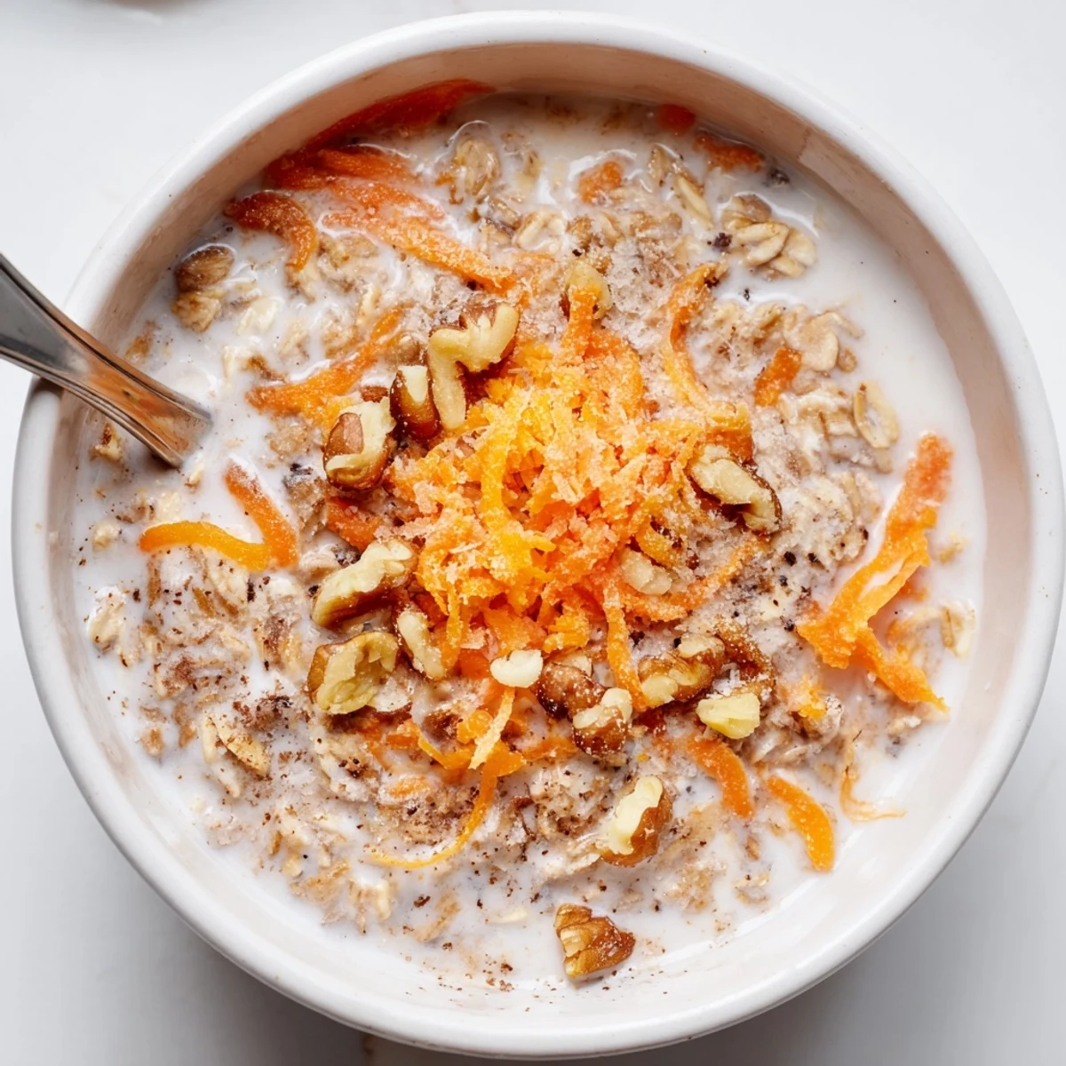 Chilled Carrot Cake Overnight Oats spiced with cinnamon, grated carrot, and raisins
