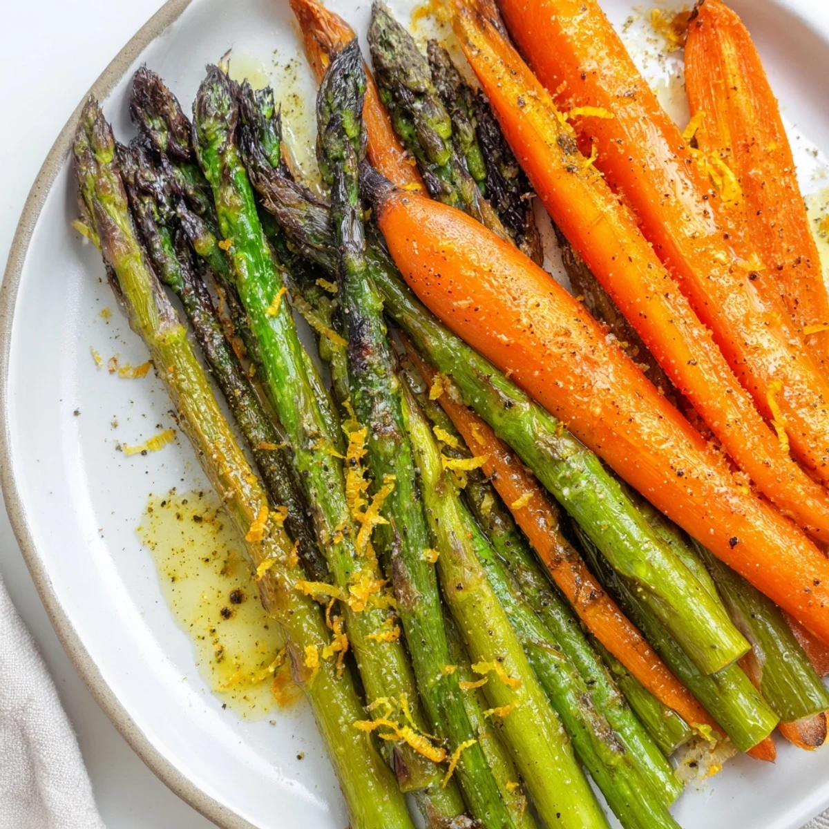 Roasted Asparagus Carrots glistening with olive oil, lemon zest, and browned edges