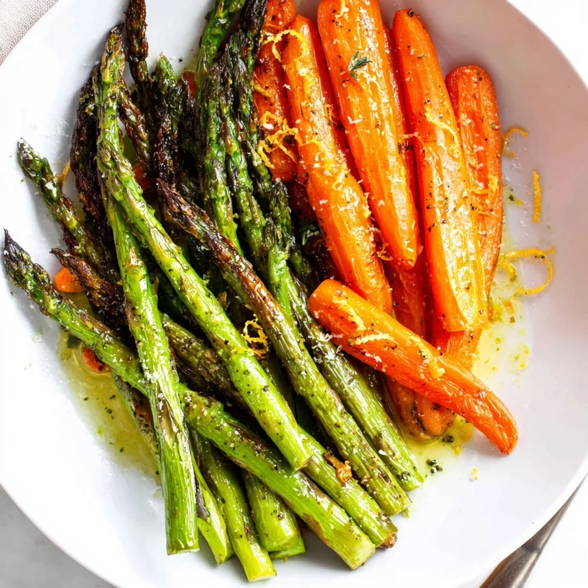 On a baking sheet, Roasted Asparagus Carrots tossed with thyme and pepper