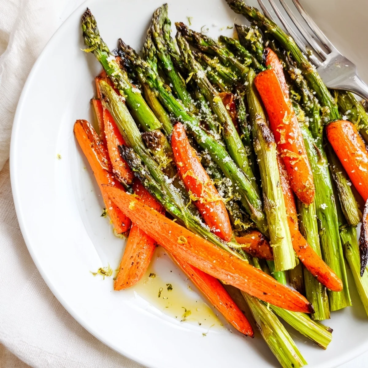 Bright lemon aroma, herb flecks on Roasted Asparagus Carrots, perfect with salmon