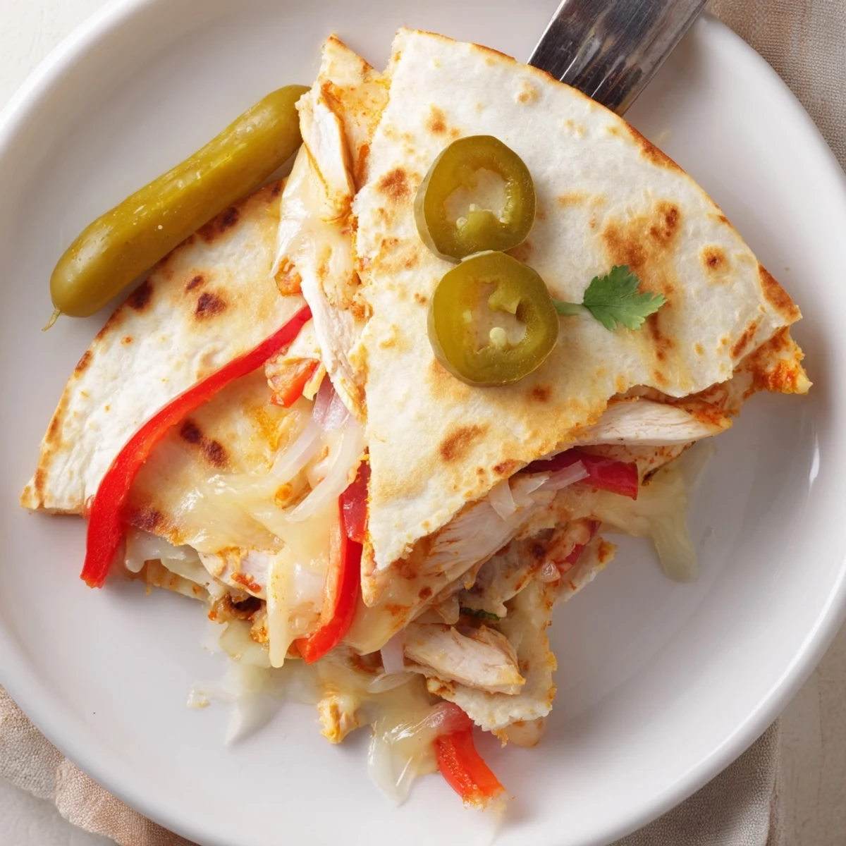 A stacked Spicy Crispy Grilled Chicken Quesadilla cut into wedges, steaming