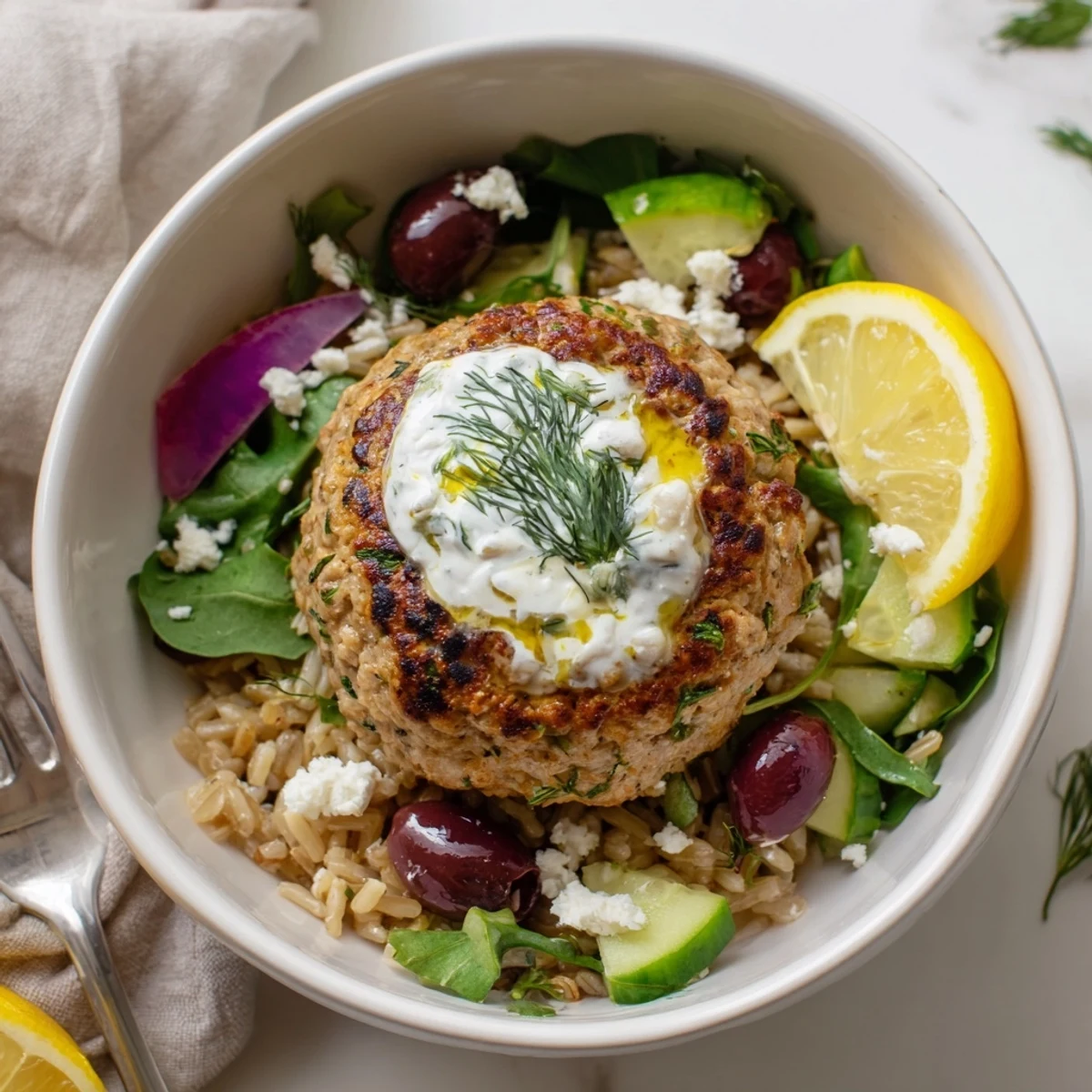 Turkey Mediterranean Meatballs Bowl with golden baked meatballs, tangy yogurt drizzle
