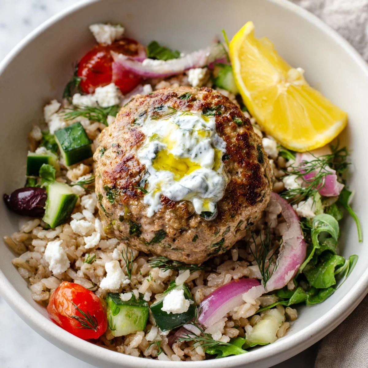Hearty Turkey Mediterranean Meatballs Bowl over warm quinoa, crisp tomatoes, lemon wedges