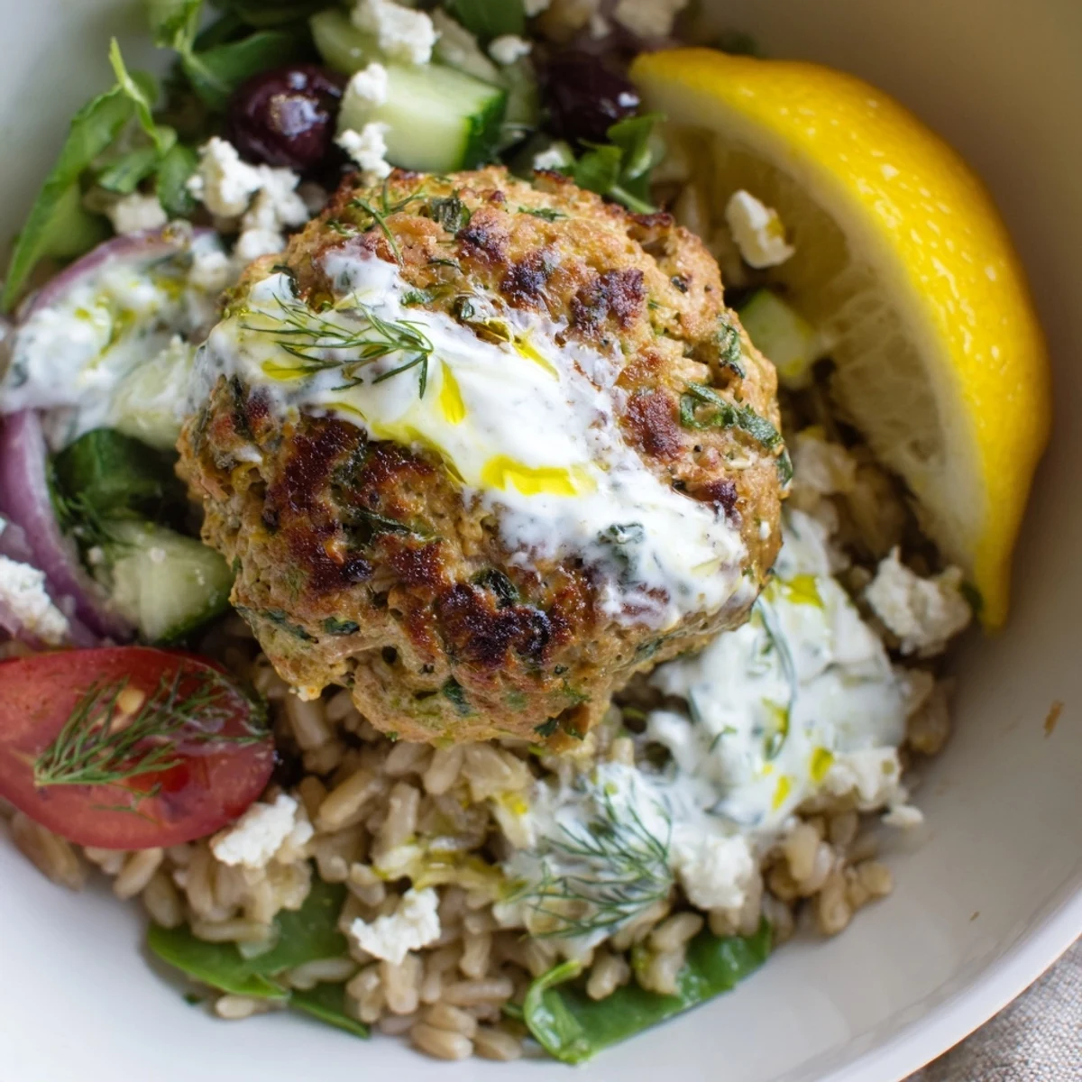 Colorful Turkey Mediterranean Meatballs Bowl plated with creamy dill yogurt and crumbled feta