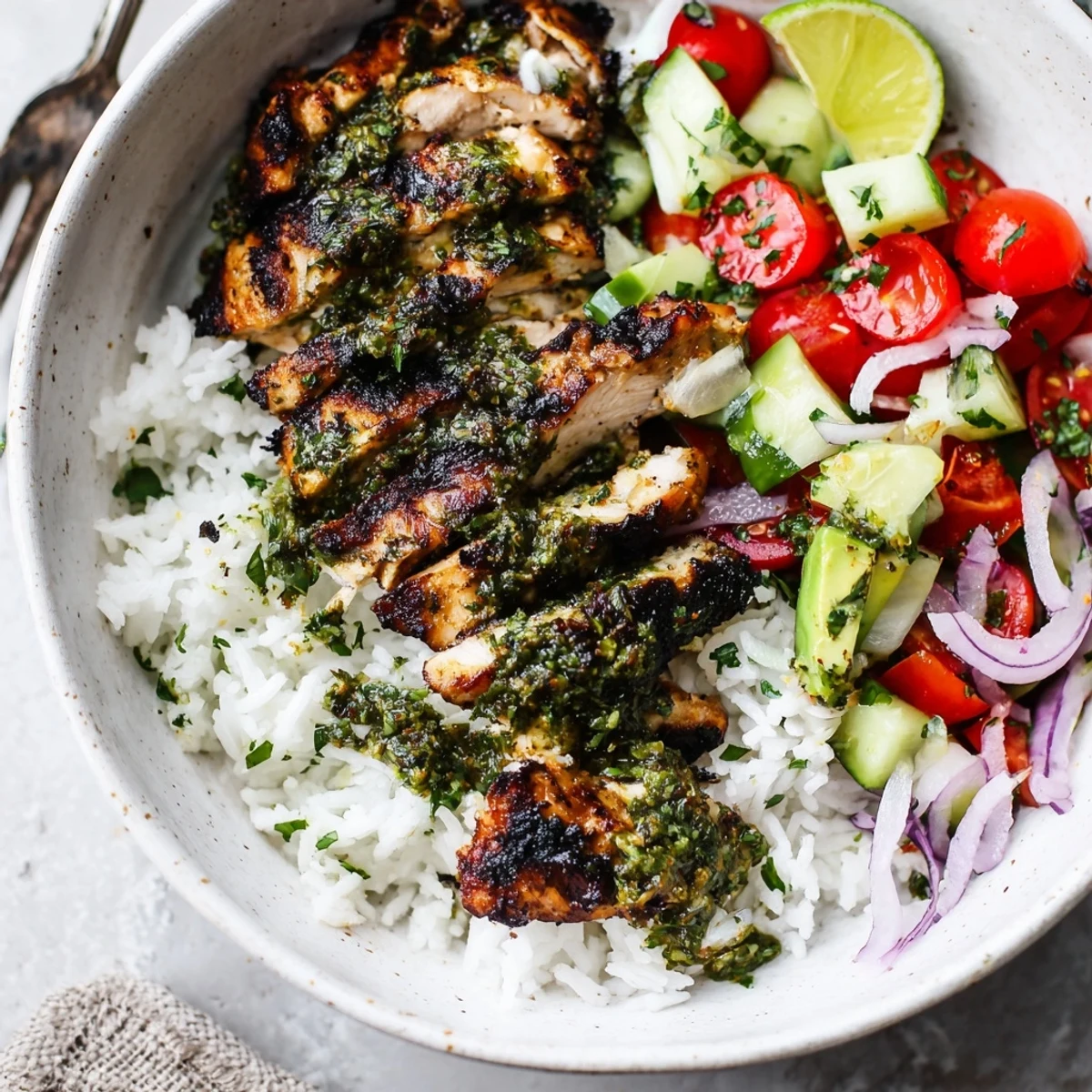 Chimichurri Grilled Chicken Bowl With Garlic Sauce steaming over fluffy rice