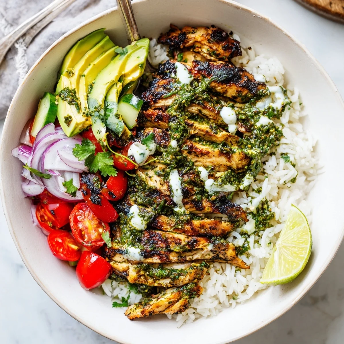 Herby Chimichurri Grilled Chicken Bowl With Garlic Sauce, charred slices, creamy drizzle