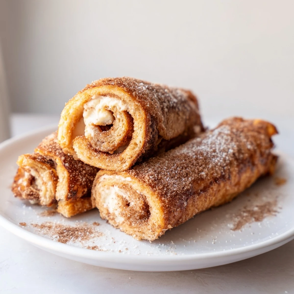 Warm Cinnamon Roll French Toast Roll Ups dusted with cinnamon sugar, steaming