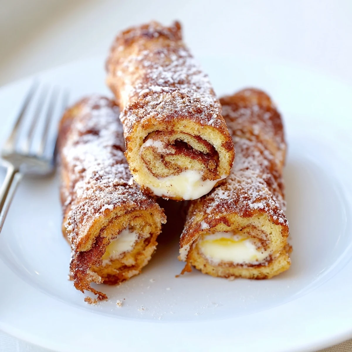Golden brown Cinnamon Roll French Toast Roll Ups with cream cheese filling