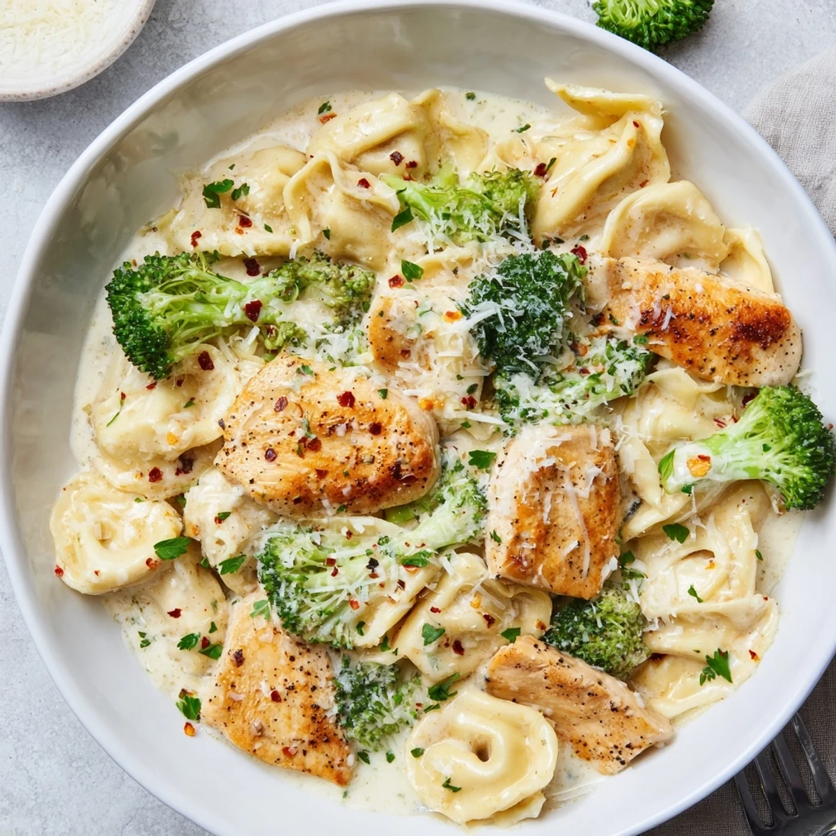 Creamy Garlic Parmesan Tortellini Chicken Broccoli Recipe served hot with crusty bread for dipping