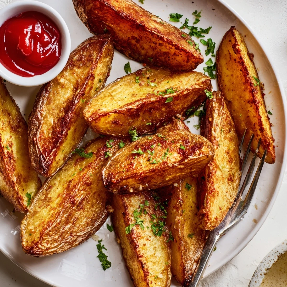 Herbed Potato Wedges dusted with paprika, served hot beside tangy ketchup