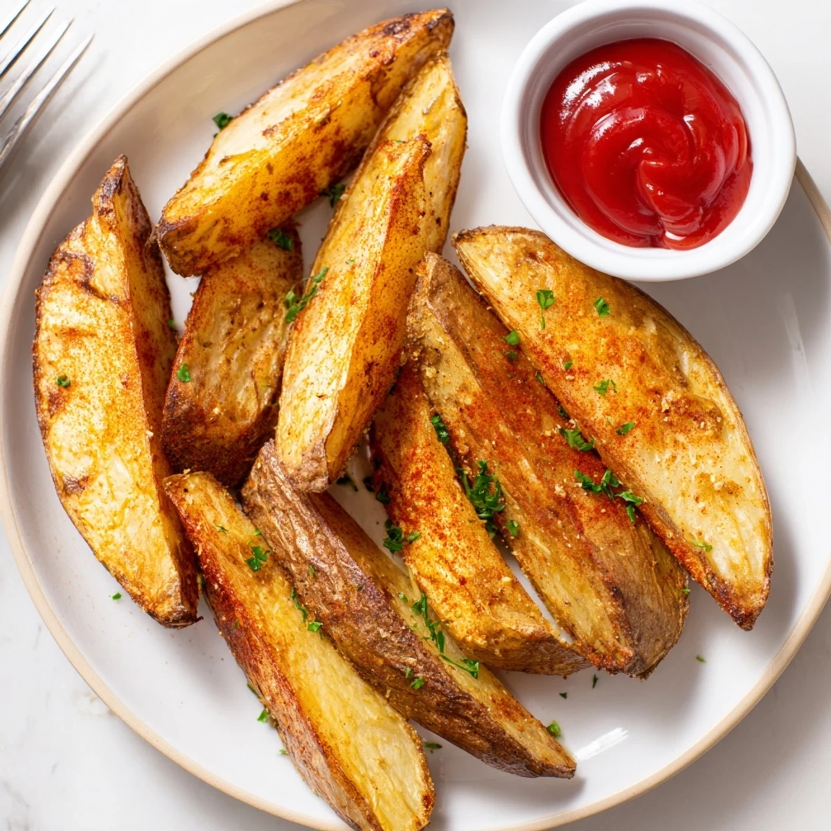 Bowl of seasoned Potato Wedges, golden edges, rosemary aroma, ready to dip