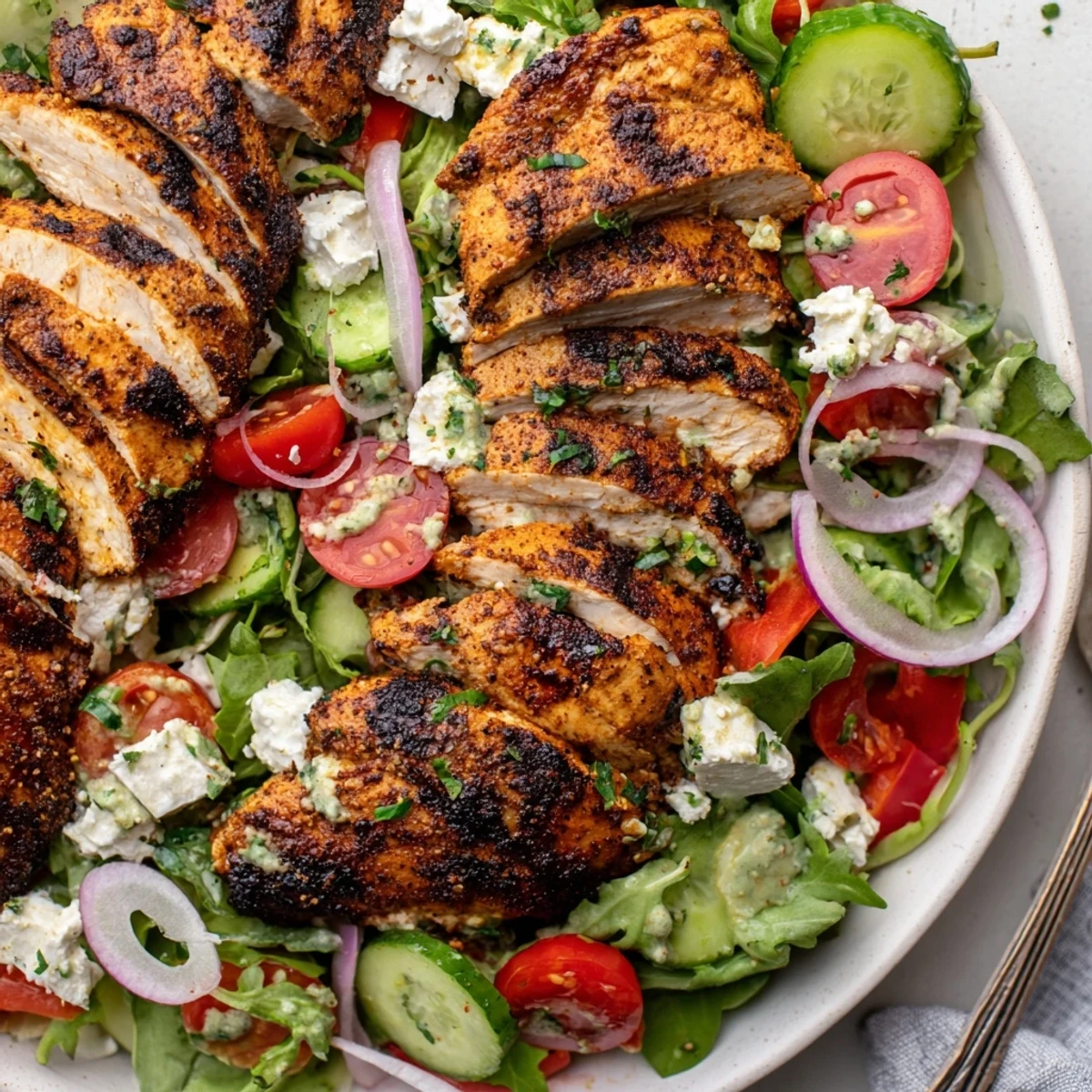 Grilled Chicken Salad Avocado Herb Dressing Recipe showing juicy sliced chicken over vibrant greens