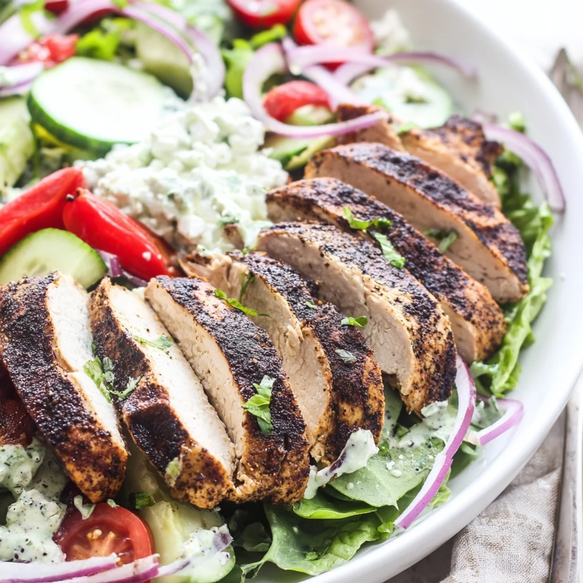 Plated Grilled Chicken Salad Avocado Herb Dressing Recipe, creamy drizzle atop crisp vegetables