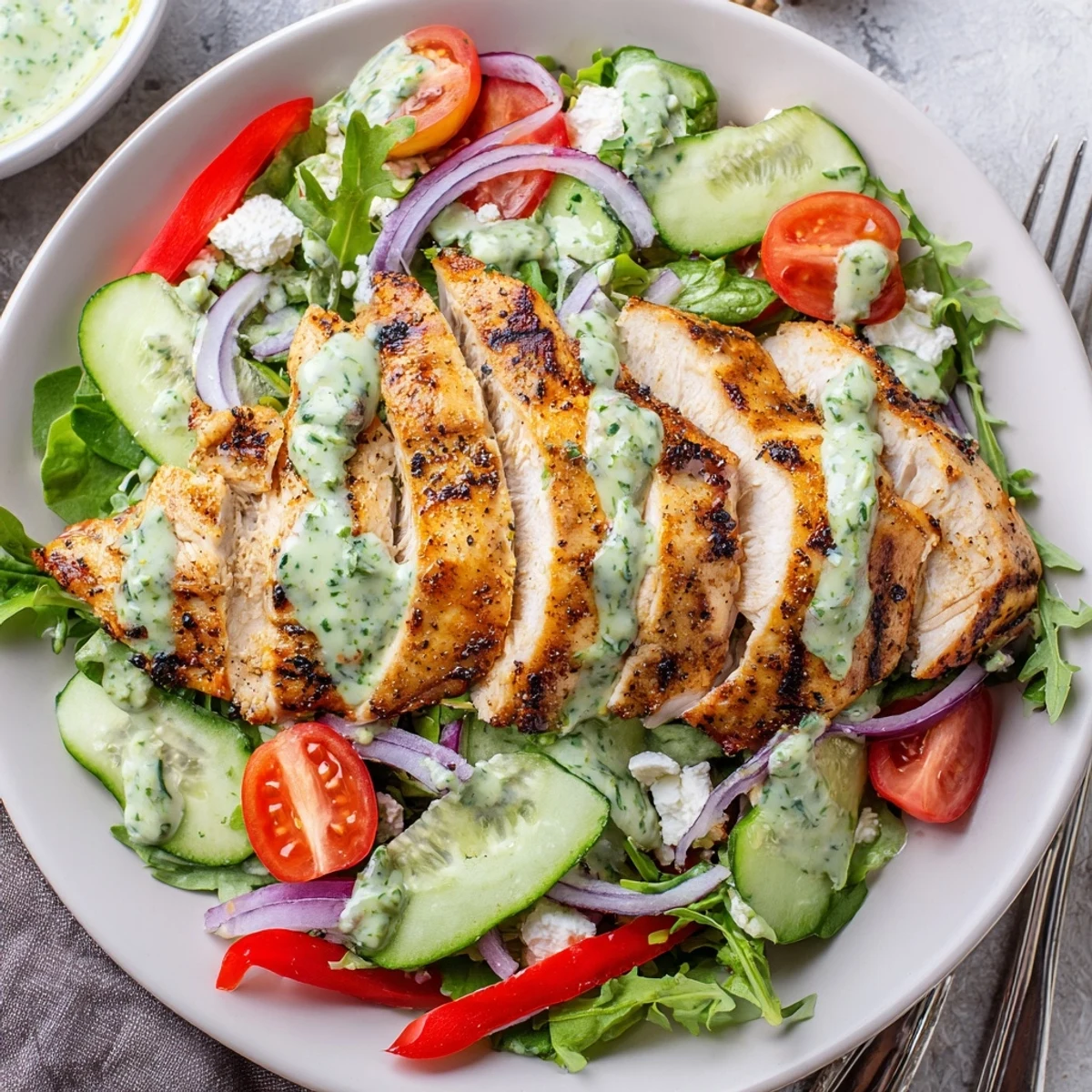 Grilled Chicken Salad Avocado Herb Dressing Recipe with creamy lime dressing and sliced chicken