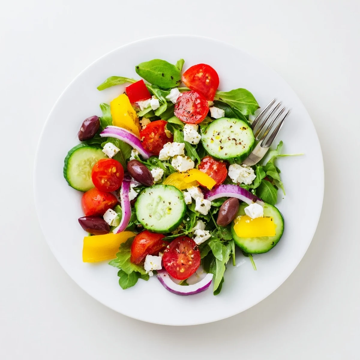 Bright Fresh Salad Recipe served immediately in a bowl, crunchy cucumbers and feta