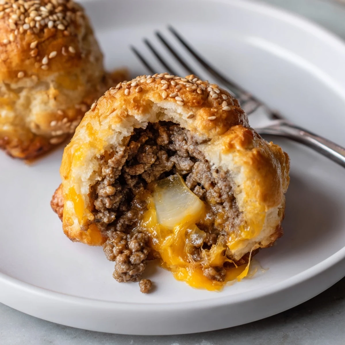 Cheesy Cheeseburger Bombs with golden biscuit crust oozing melted cheddar.