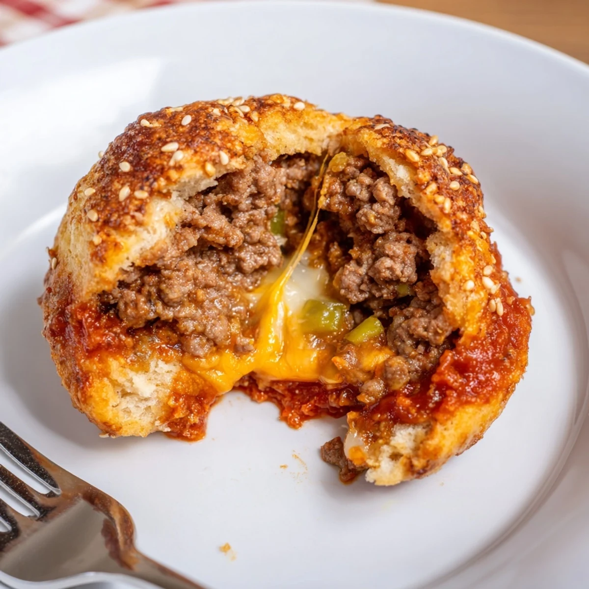 Crispy-topped Cheesy Cheeseburger Bombs releasing savory beef aroma, gooey mozzarella center.