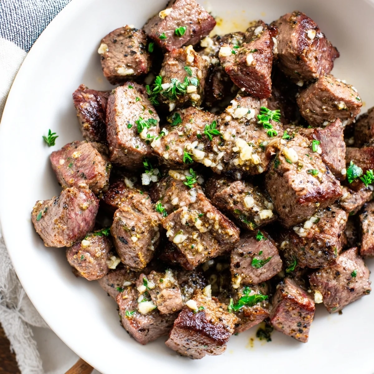 Juicy Garlic Butter Steak Bites garnished with parsley, served over creamy mashed potatoes