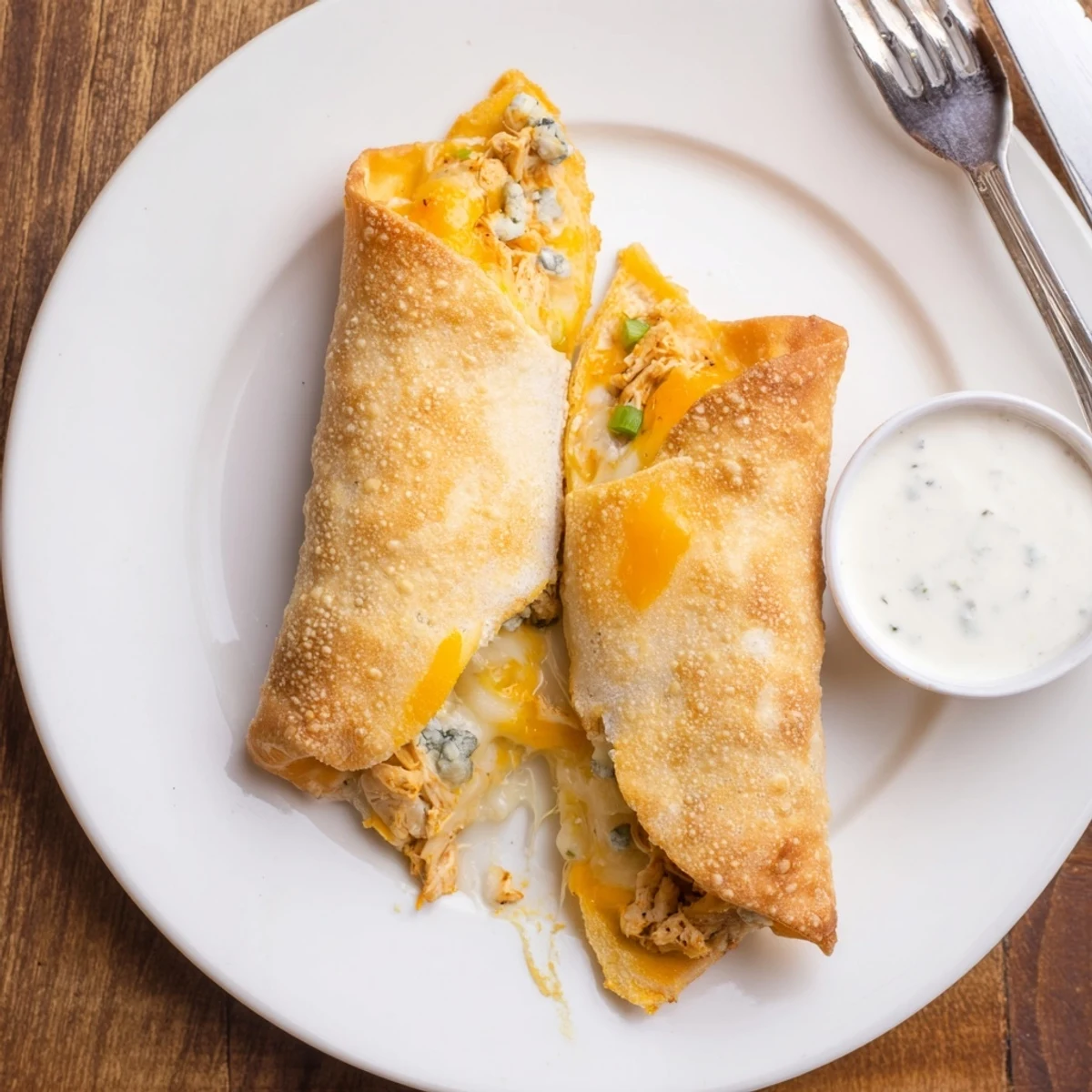 Crispy Buffalo Chicken Egg Rolls with melty cheese, served with ranch dip.