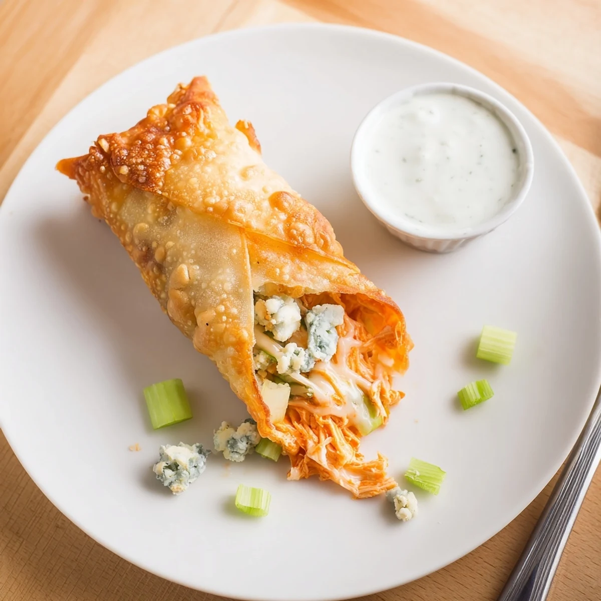 Golden fried Buffalo Chicken Egg Rolls, spicy filling and crunchy celery bits.