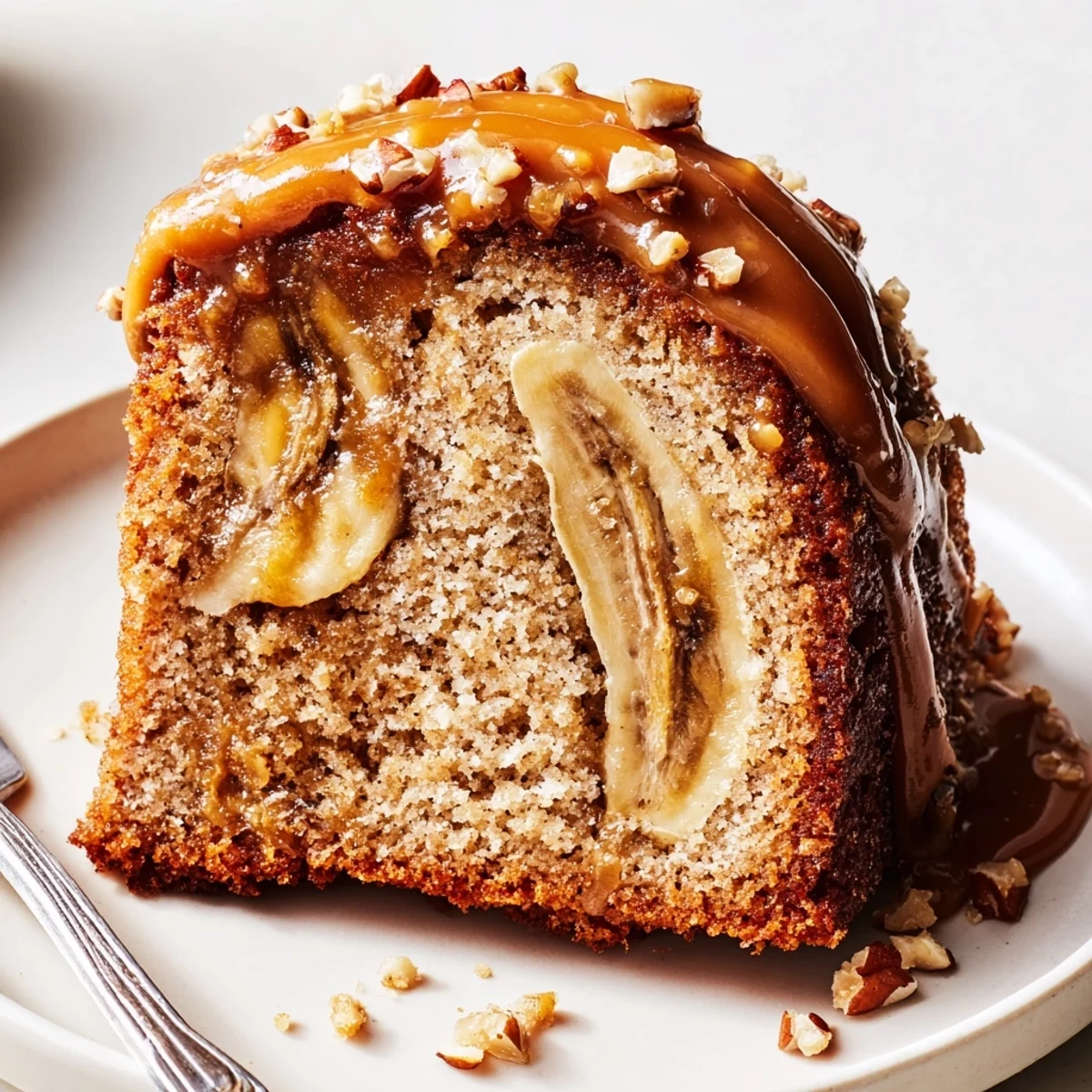 Salted Caramel Brown Butter Banana Cake showing glossy caramel drip and moist crumb