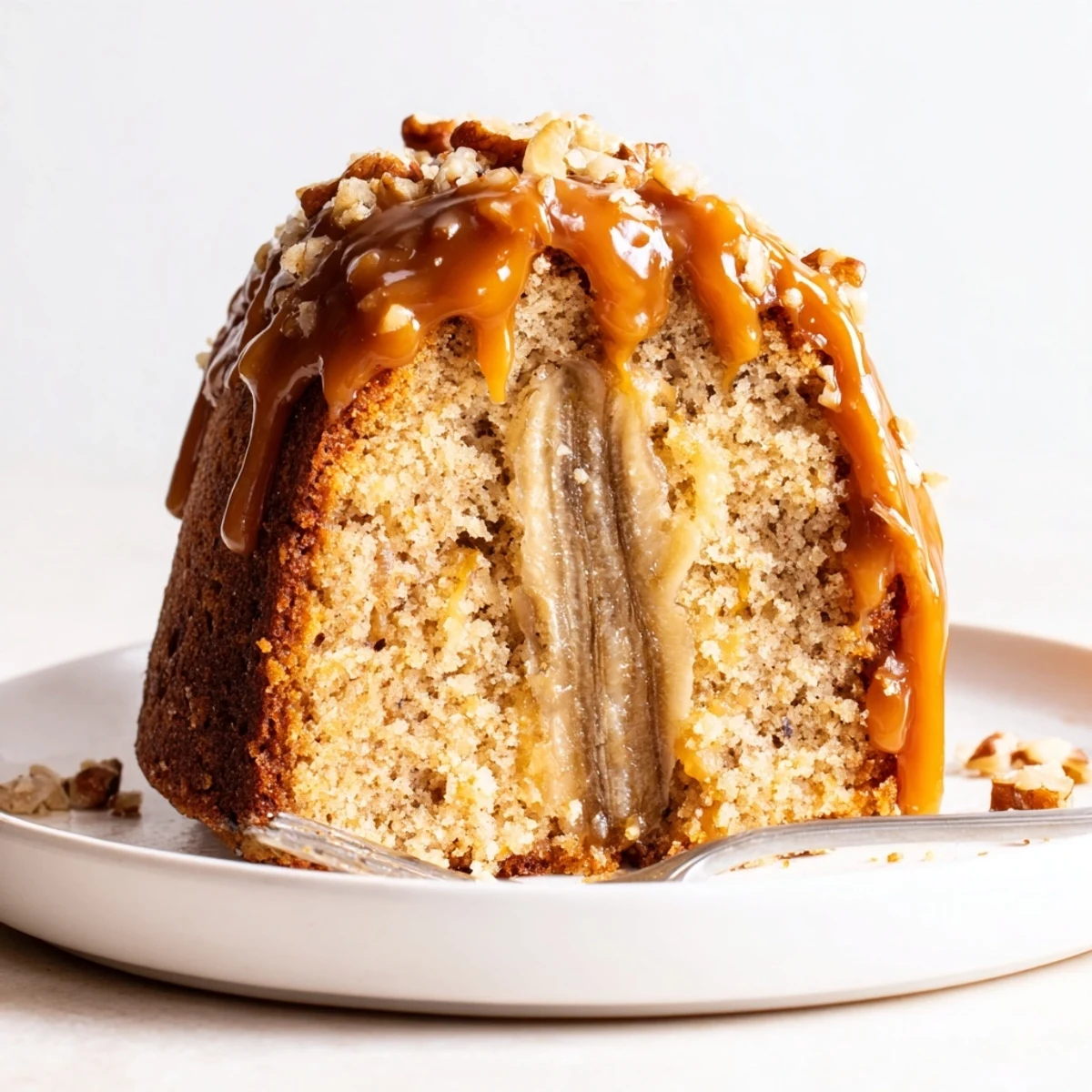 Close-up of Salted Caramel Brown Butter Banana Cake topped with flaky sea salt