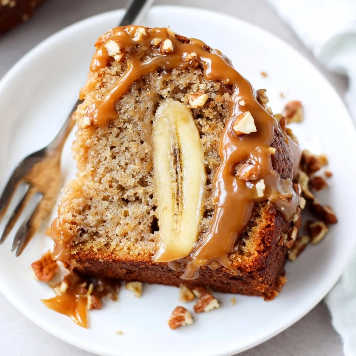 A sliced Salted Caramel Brown Butter Banana Cake plated with toasted pecans
