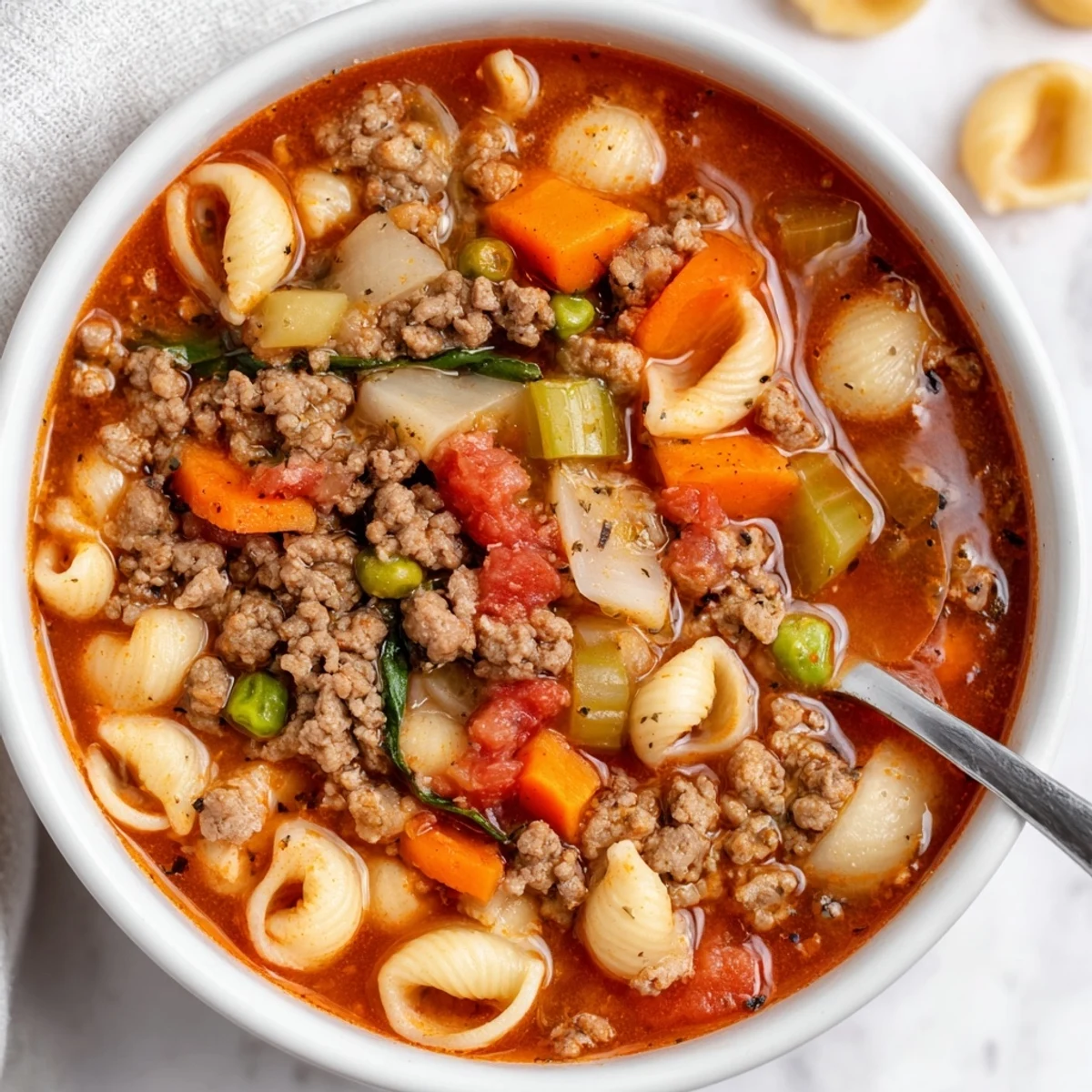 Delicious Homemade Ground Beef Pasta Soup Recipe For Comfort, steaming bowl with grated Parmesan