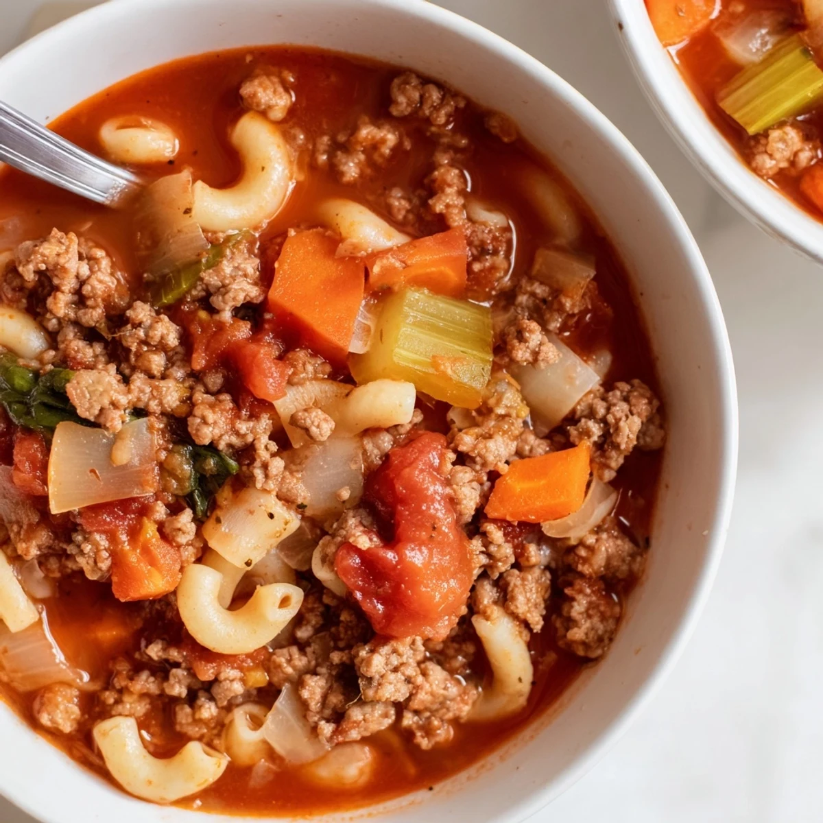 Bowl of Delicious Homemade Ground Beef Pasta Soup Recipe For Comfort, hearty and savory