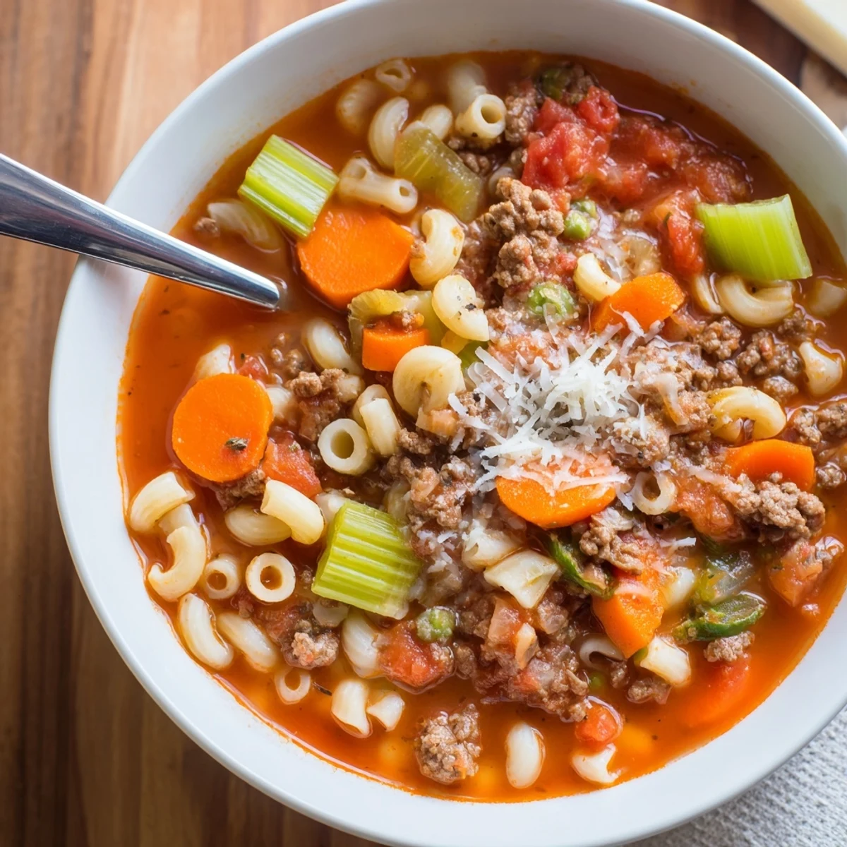 Delicious Homemade Ground Beef Pasta Soup Recipe For Comfort served steaming with crusty bread