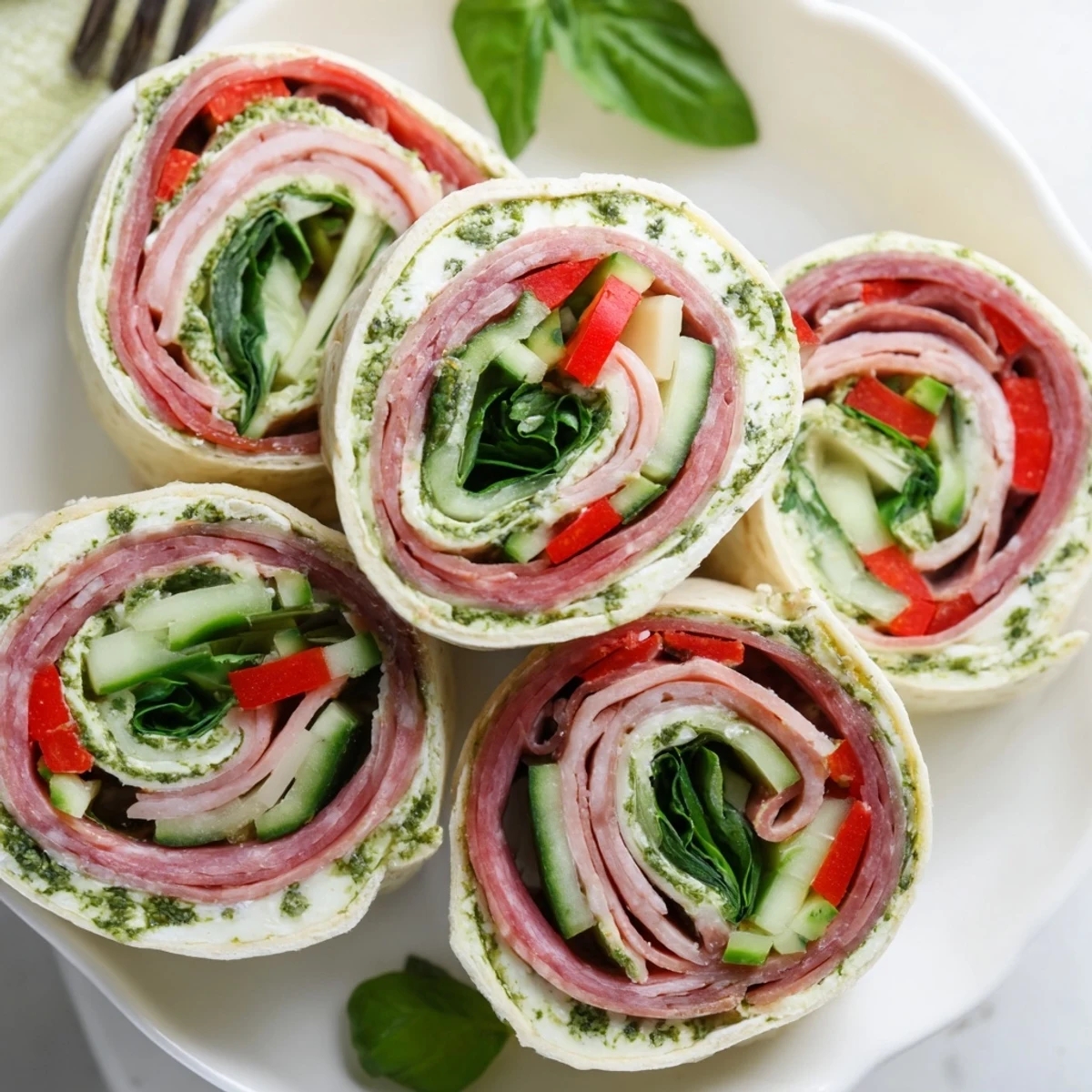 Chilled Italian Pinwheel Sandwiches sliced into spirals, savory salami and provolone