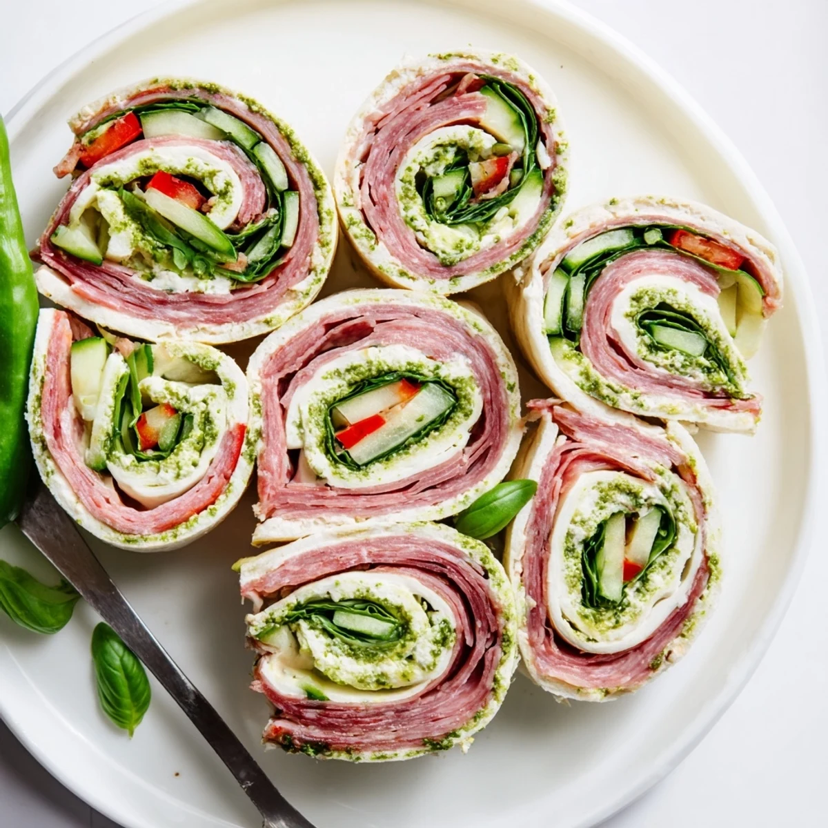 Italian Pinwheel Sandwiches arranged on platter, creamy pesto, crisp veggies visible