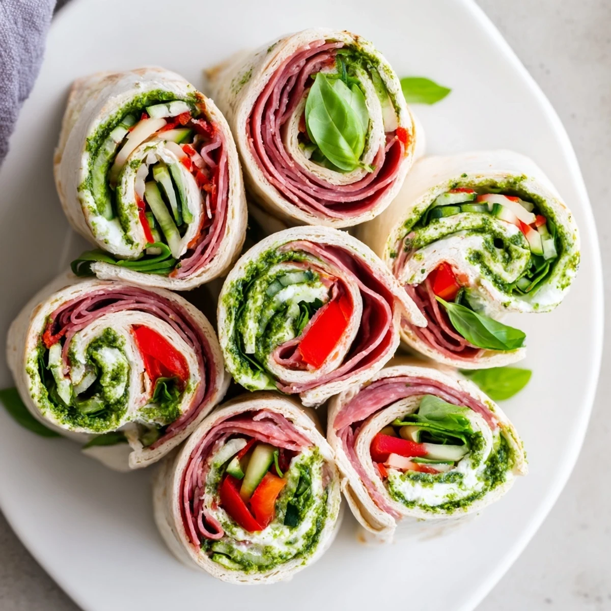 Party-ready Italian Pinwheel Sandwiches with herbed cream cheese, basil garnish, colorful peppers