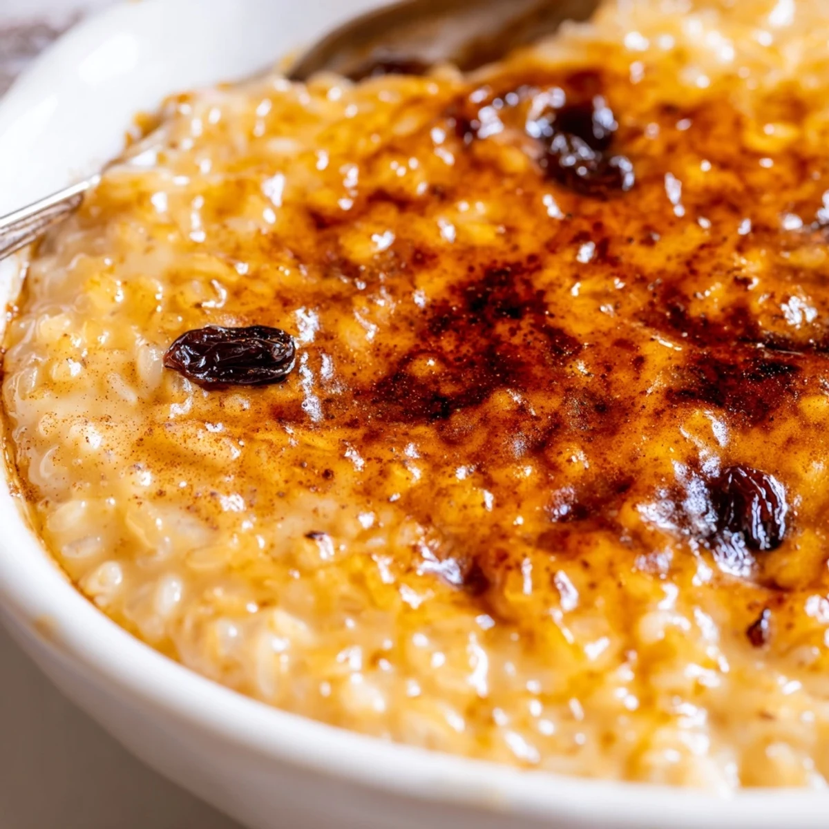 Spoon ready, custardy Delicious Condensed Milk Baked Rice Pudding Recipe To Try with raisins.