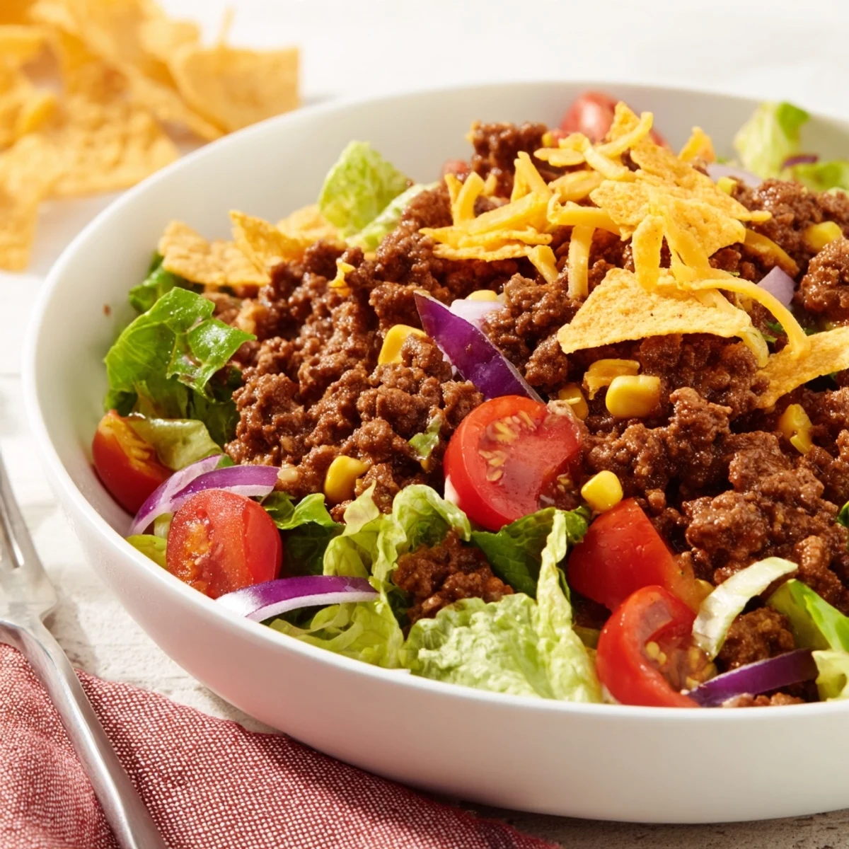 Simple Doritos Taco Salad piled high with crunchy chips, bright tomatoes.