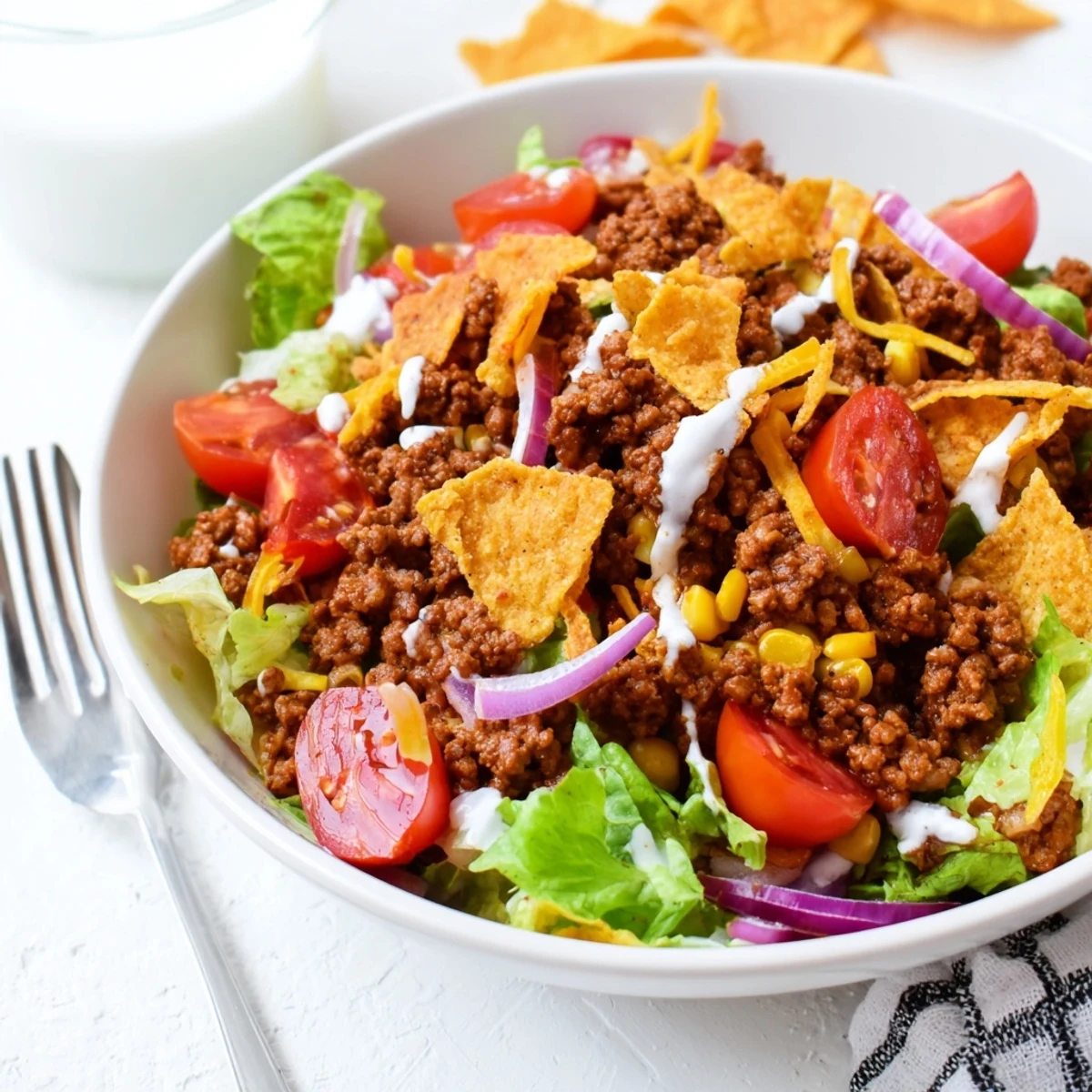 Hearty bowl with seasoned beef, cheddar, ranch—Simple Doritos Taco Salad ready.