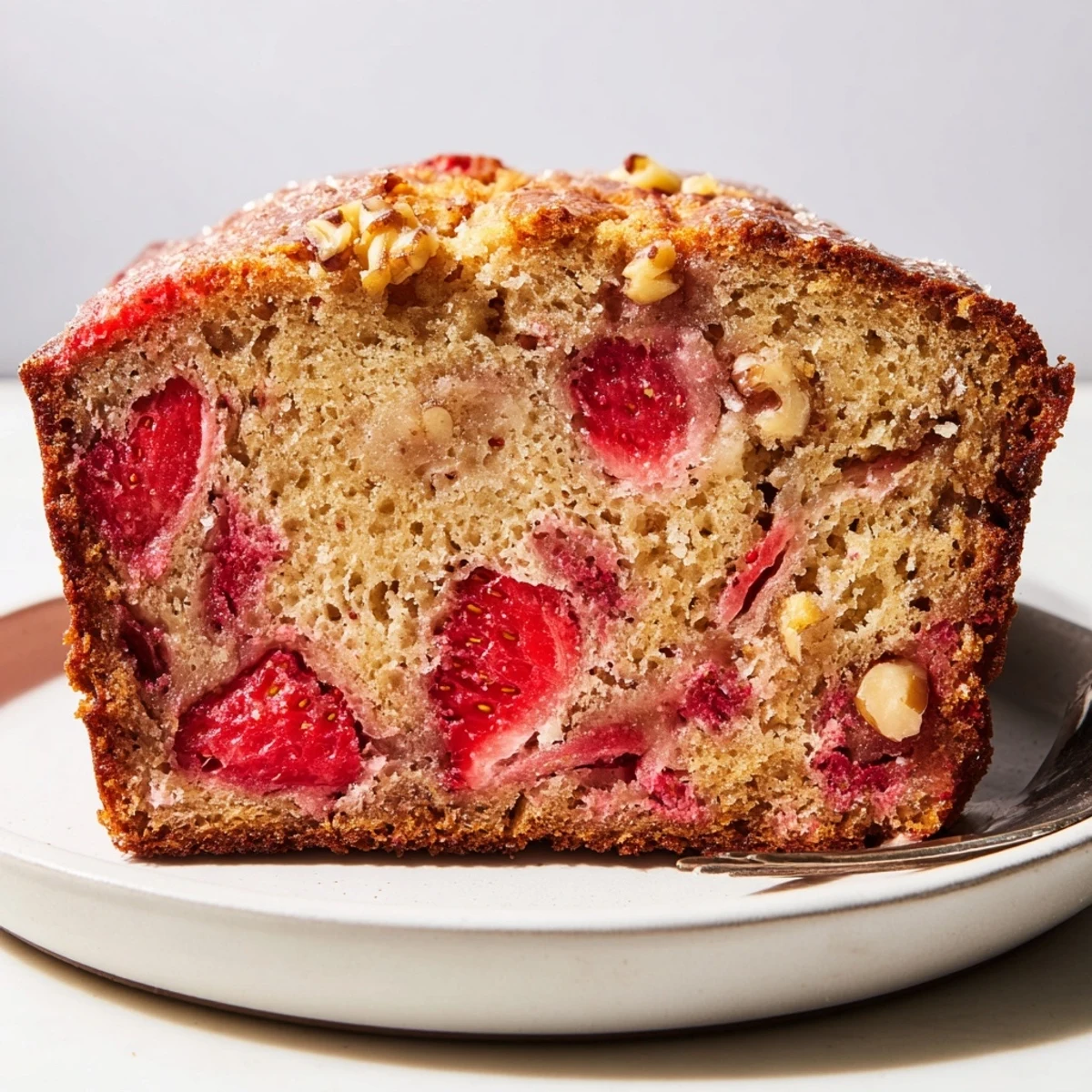 Strawberry Banana Bread Recipe: golden sliced loaf, fruity aroma, tender crumb