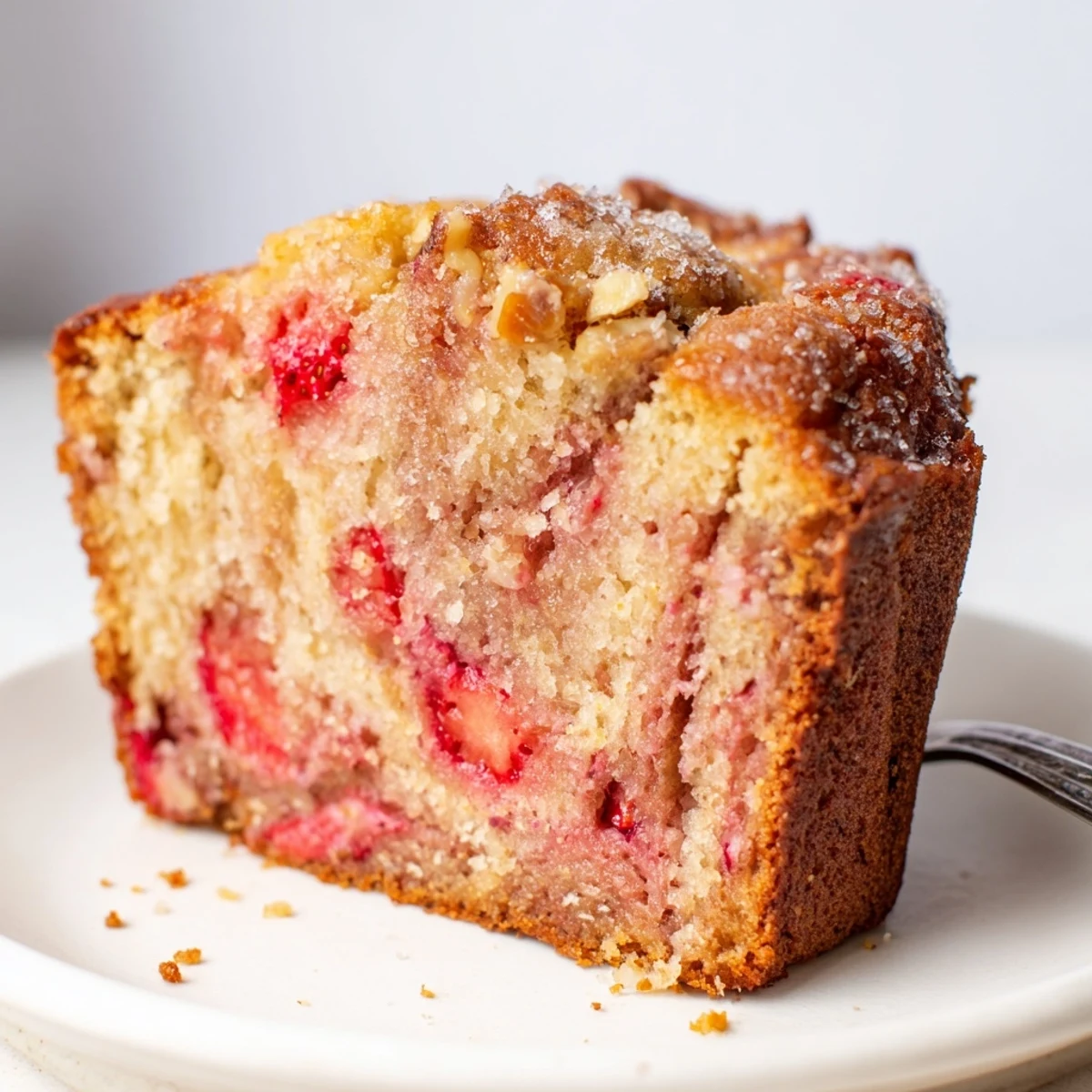 Fresh-baked Strawberry Banana Bread Recipe cooling on wire rack, strawberries studded