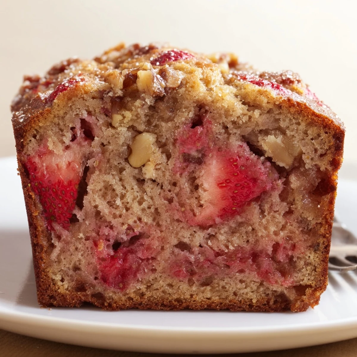 Buttered slice of Strawberry Banana Bread Recipe on plate, sweet berry notes