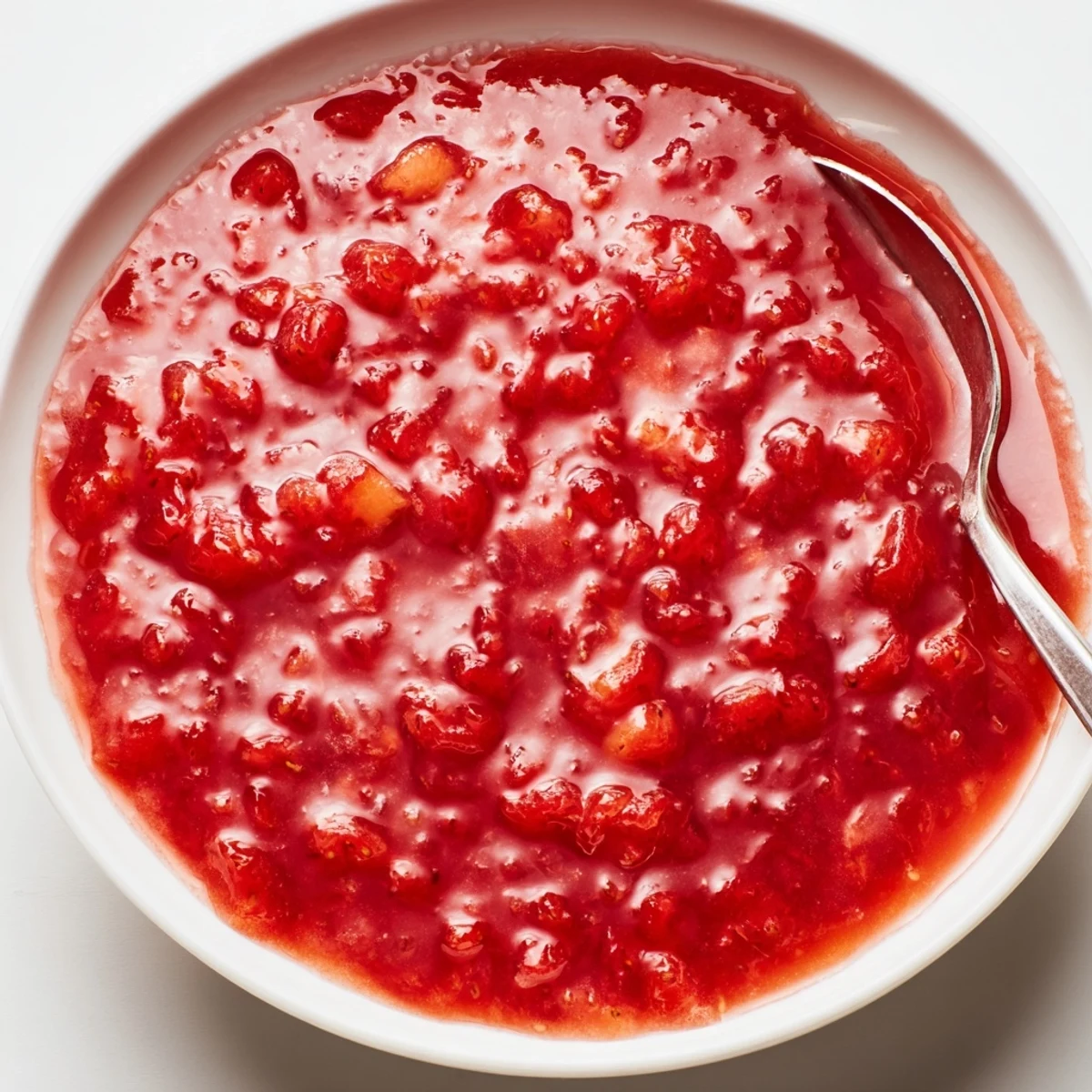 Warm Strawberry Cake Filling Recipe steaming in saucepan, glossy red, spoon resting.