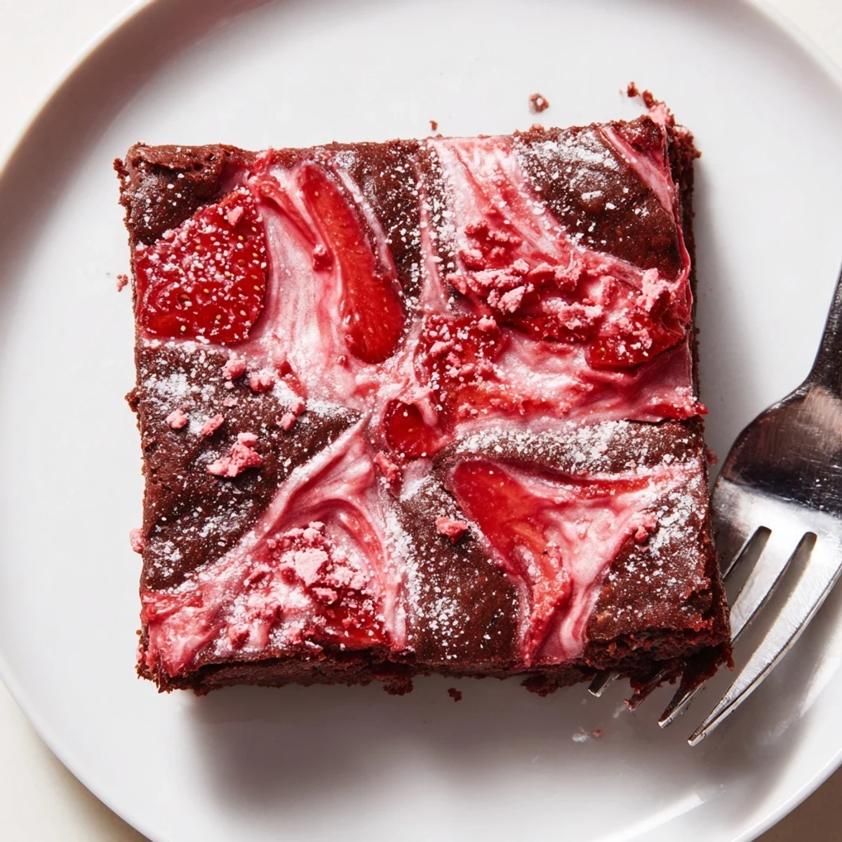 Strawberry Brownies Recipe showing fudgy squares topped with glossy strawberry glaze