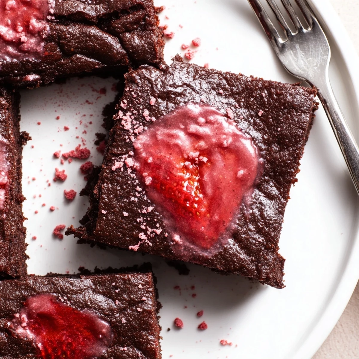 Homestyle Strawberry Brownies Recipe plated with fresh strawberries and whipped cream