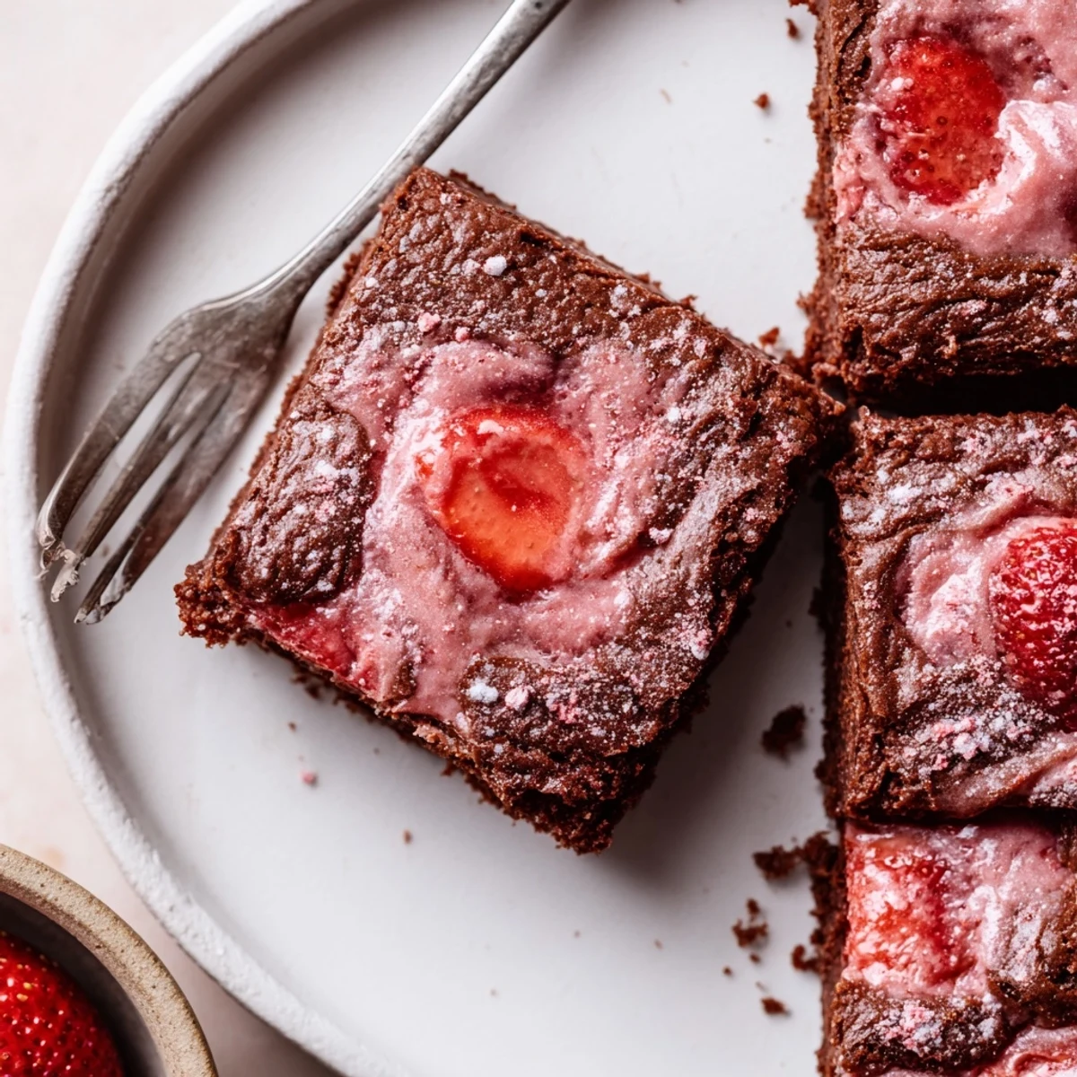 Close-up of warm Strawberry Brownies Recipe square, steam rising, soft crumb
