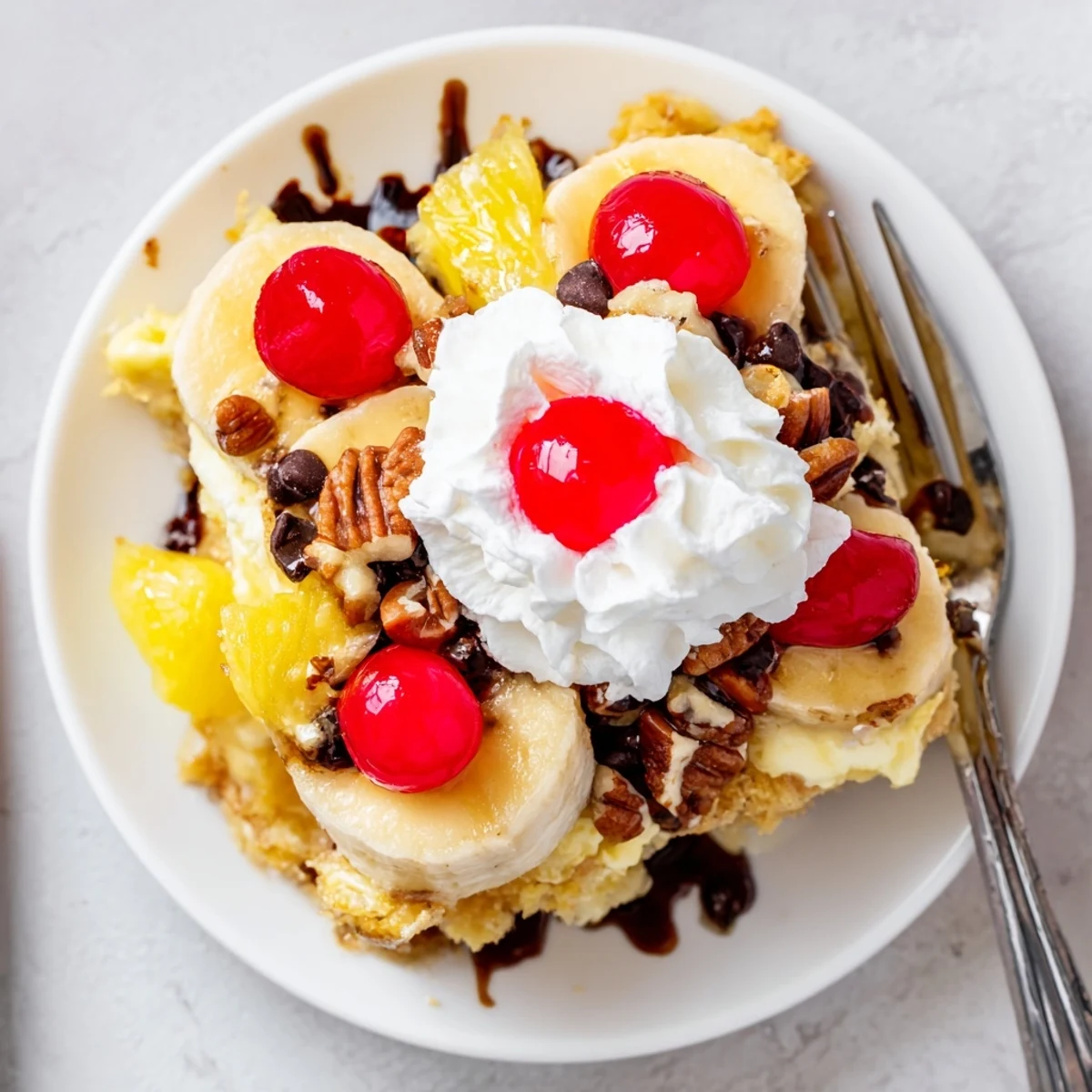 Warm Banana Split Dump Cake with bubbling edges, chocolate chips, whipped cream.