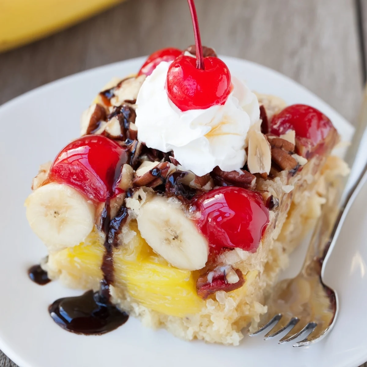 Slice of Banana Split Dump Cake topped with cherries and vanilla ice cream.