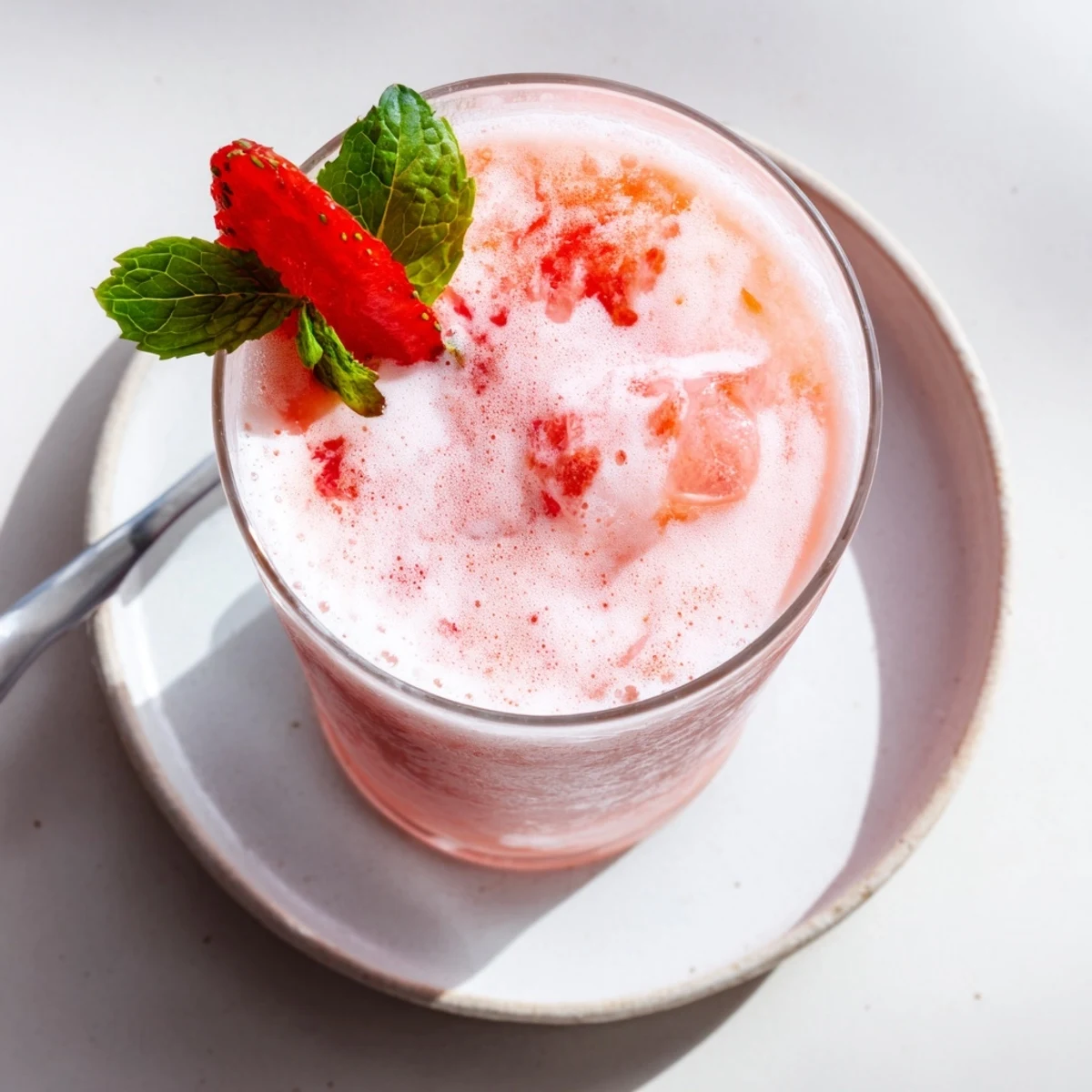 Strawberry Coconut Cooler Recipe poured into chilled glasses, frothy, garnished with mint