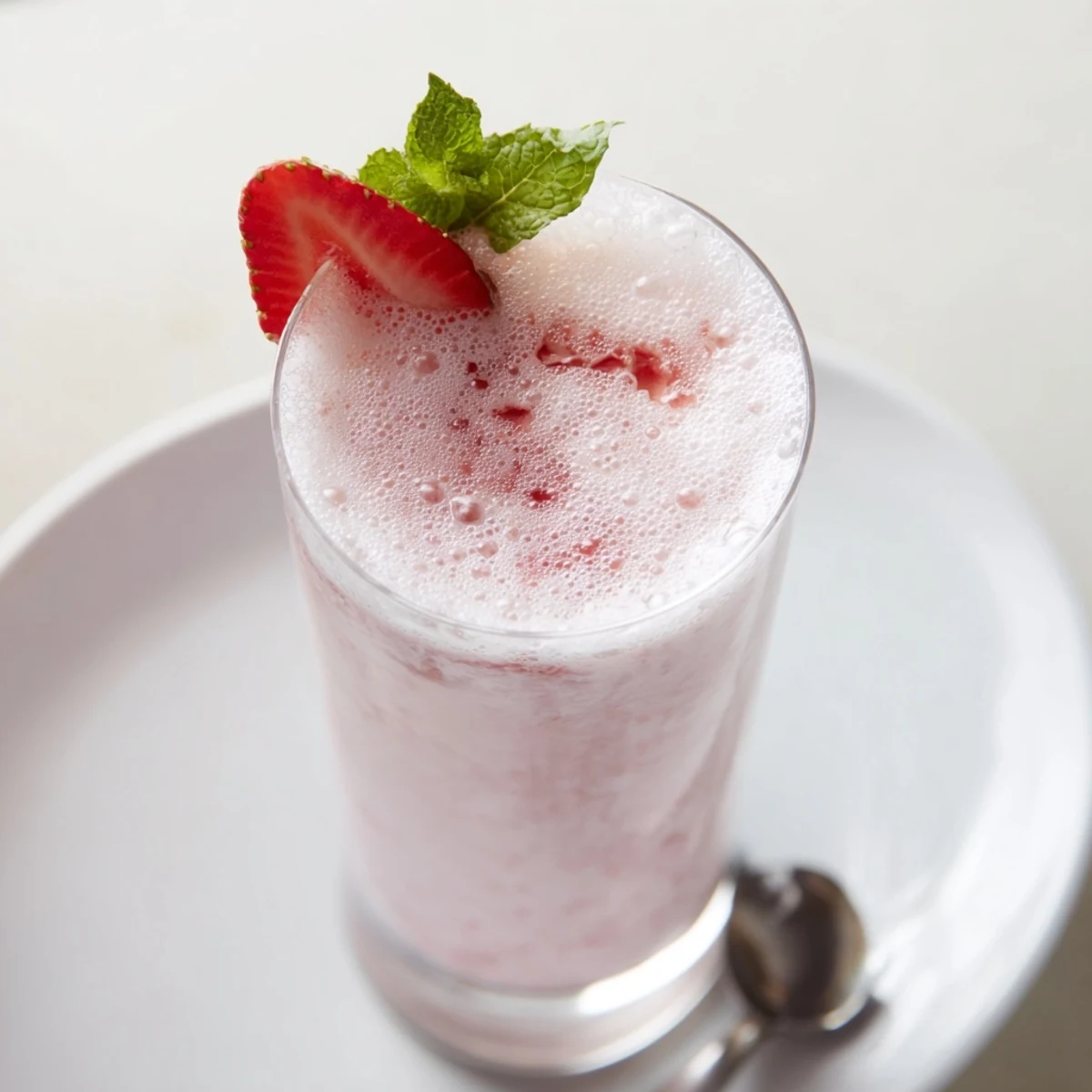 Bright Strawberry Coconut Cooler Recipe blended with coconut milk, agave, served immediately