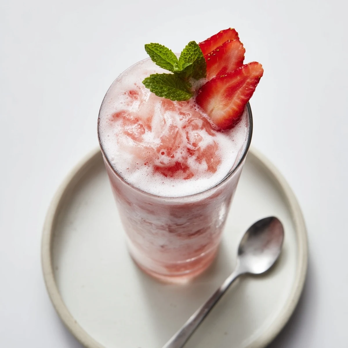 Creamy Strawberry Coconut Cooler Recipe in summer glass, lime hint and mint garnish