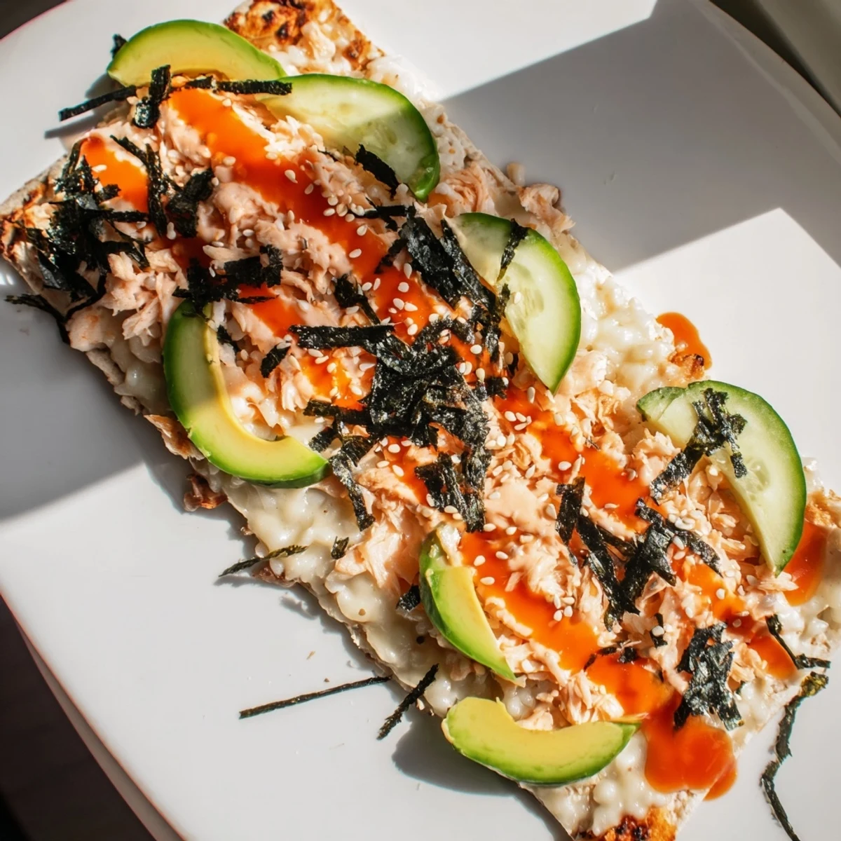 Golden salmon sushi bake flatbread pizza topped with fresh avocado and spicy sriracha drizzle
