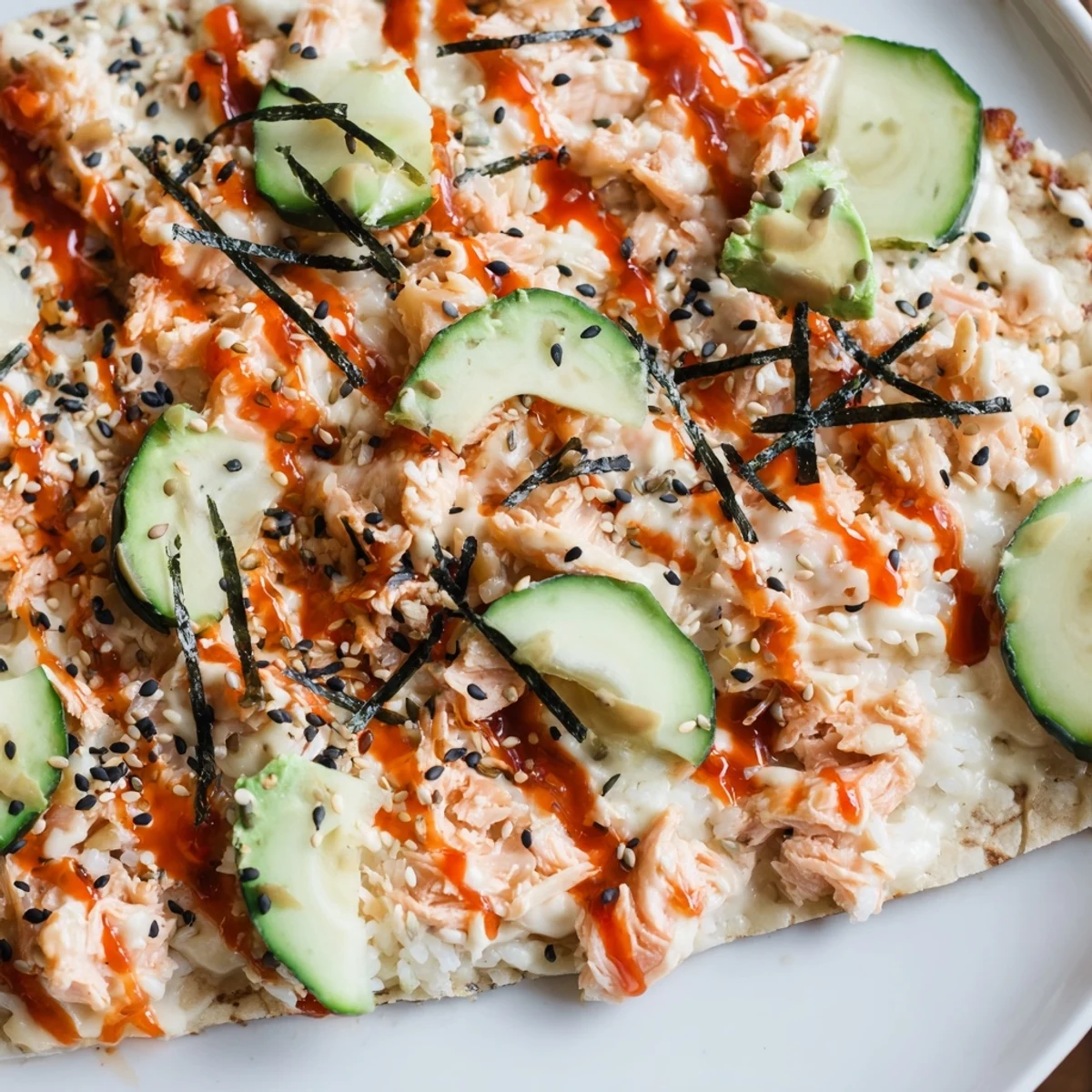 Fusion salmon sushi bake pizza finished with cool cucumber slices and zesty spicy mayo sauce